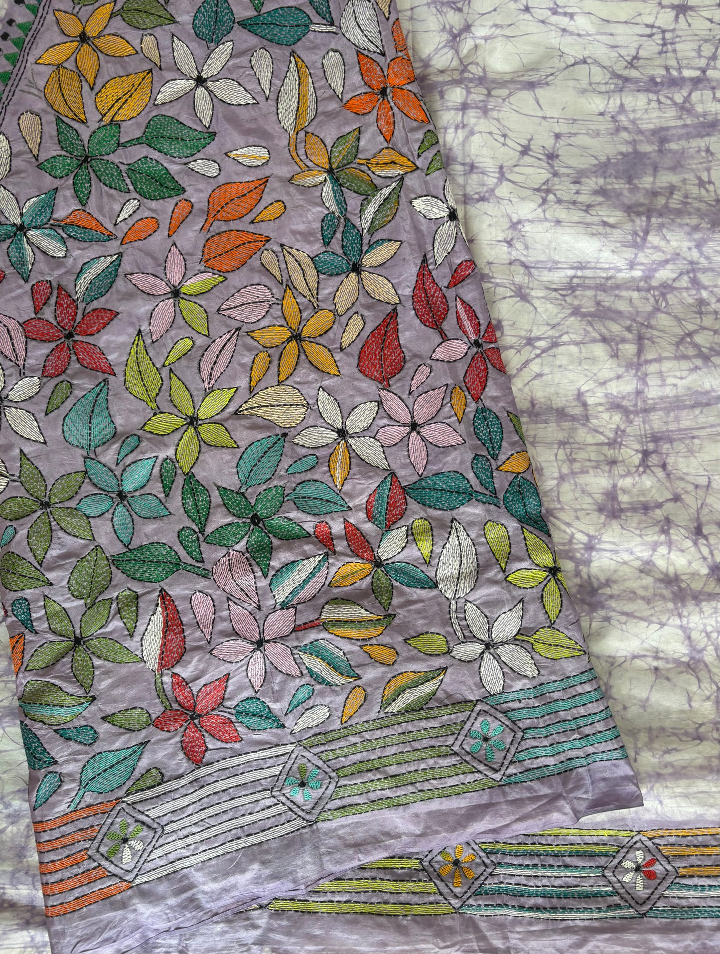 Kantha Hand Embroidered Hand Batik Art Silk Saree With Blouse