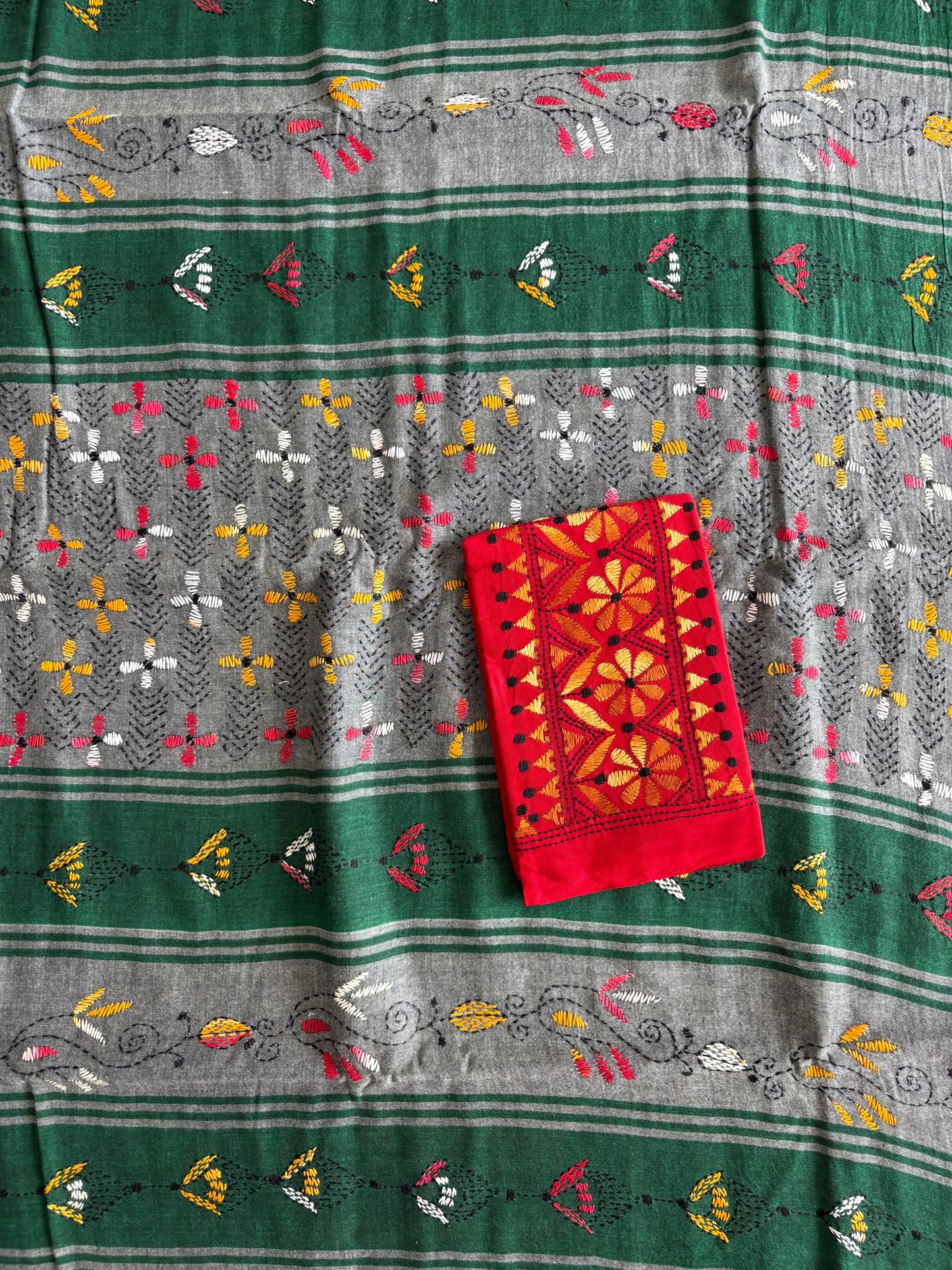 Kantha Hand Embroidered Pure Cotton Saree – Off White