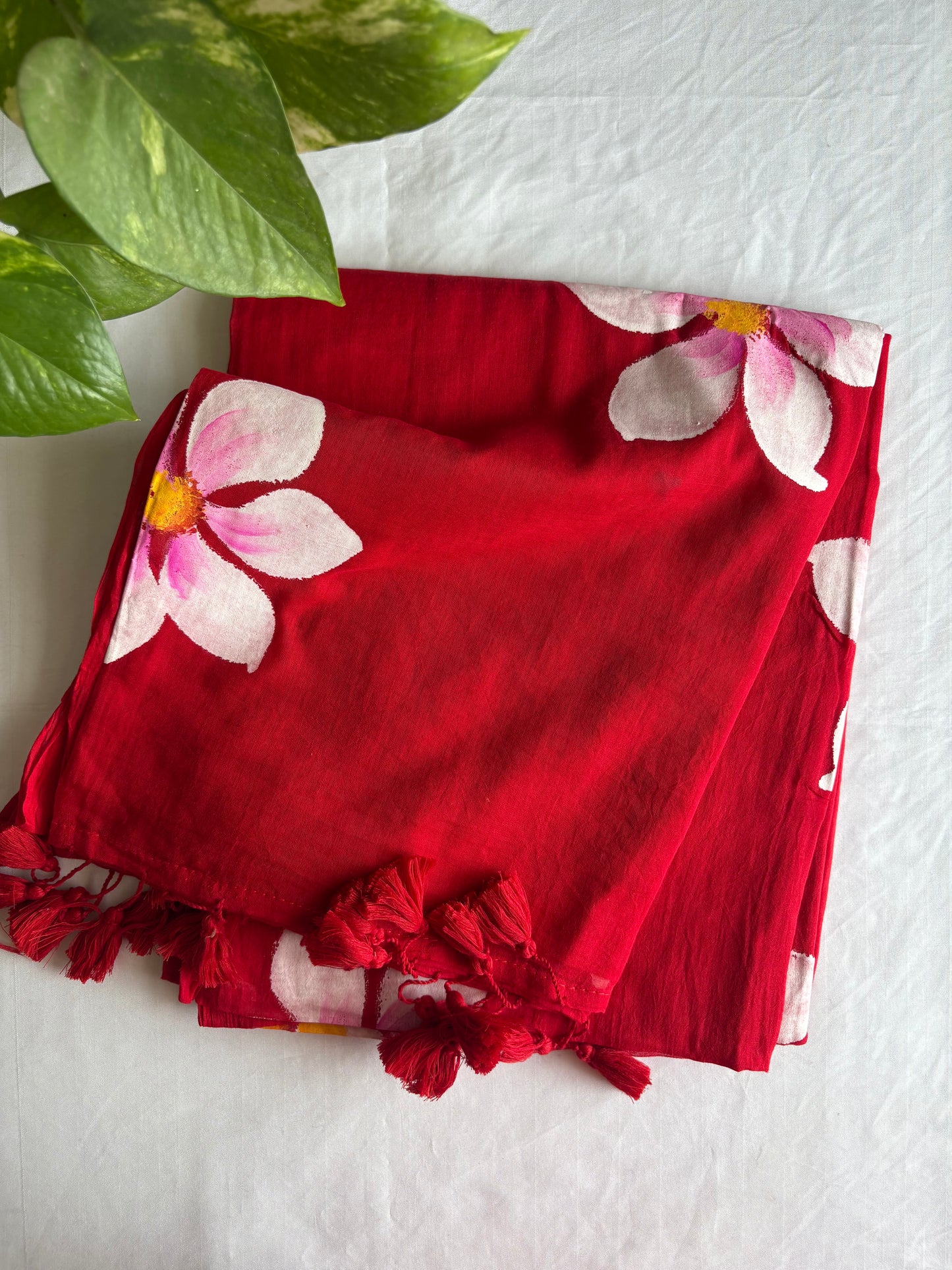 Hand Painted Mul Cotton Saree - Red