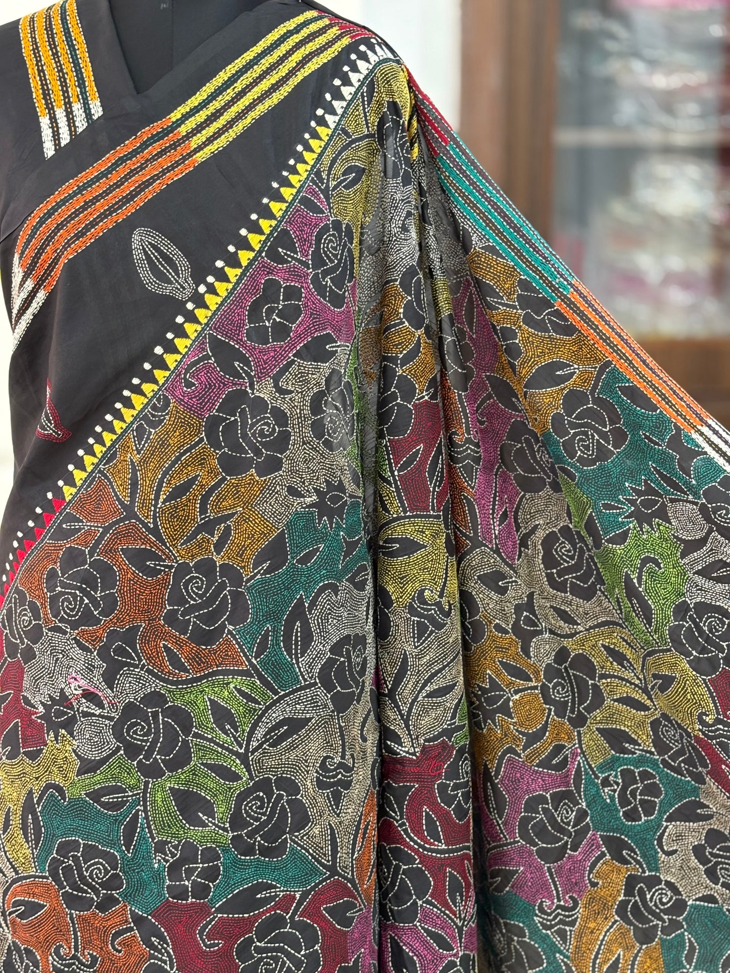 Kantha Stitch Hand Work Embroidered Art Silk Saree With Blouse