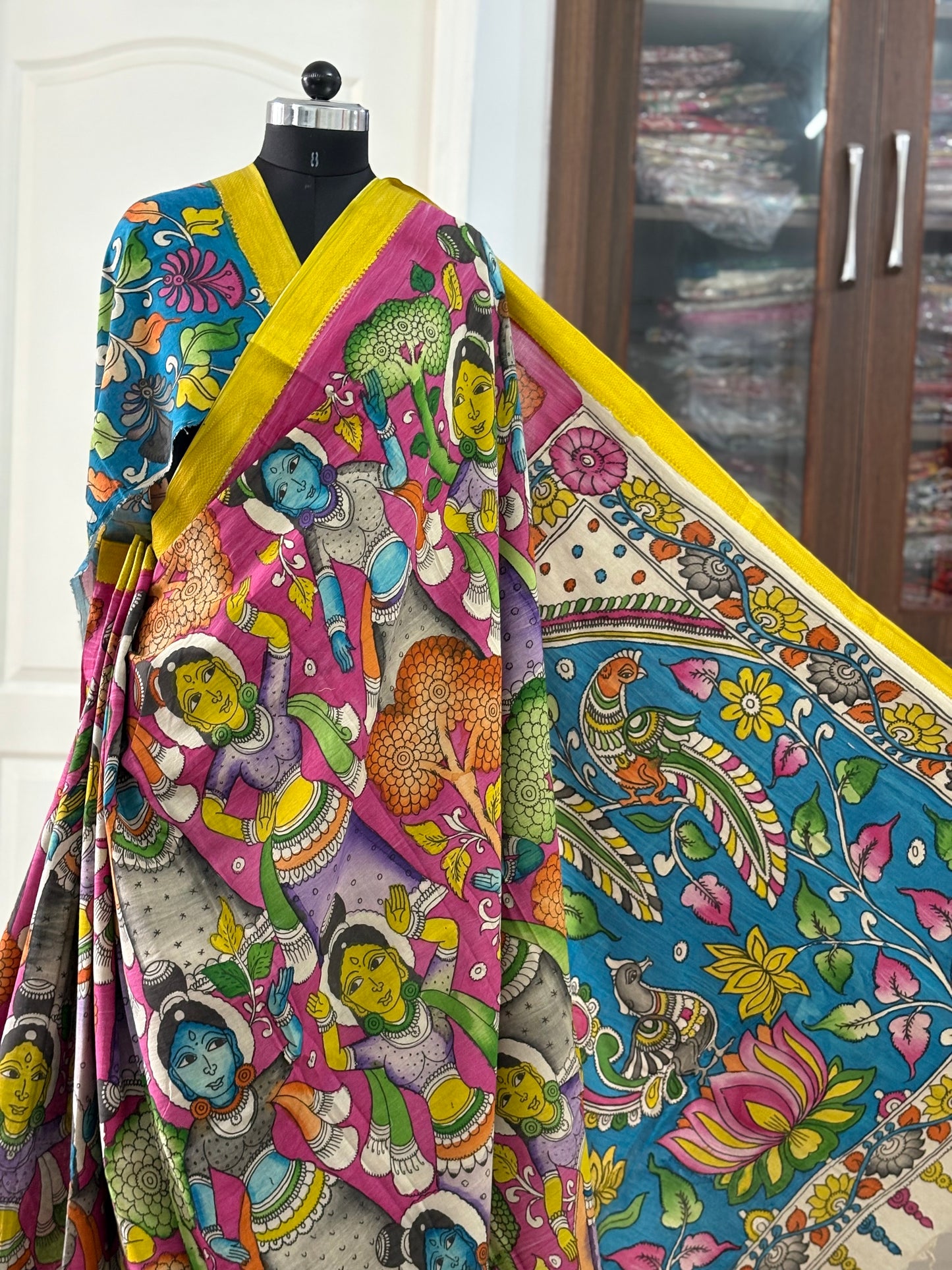 Pen Kalamkari hand painted pure cotton Saree with blouse