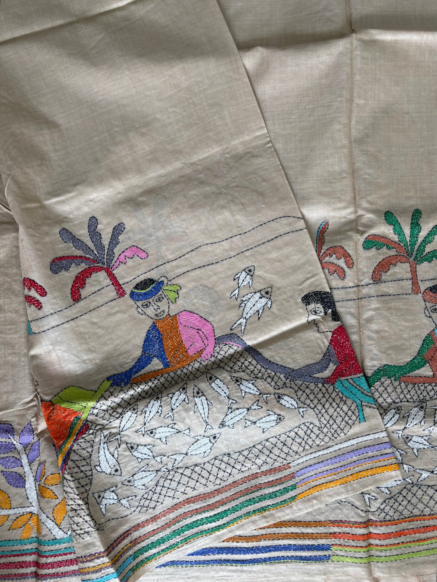 Kantha Stitch Hand Embroidered Pure Gachi by Gachi Tassar Silk Saree (Silk Marked)