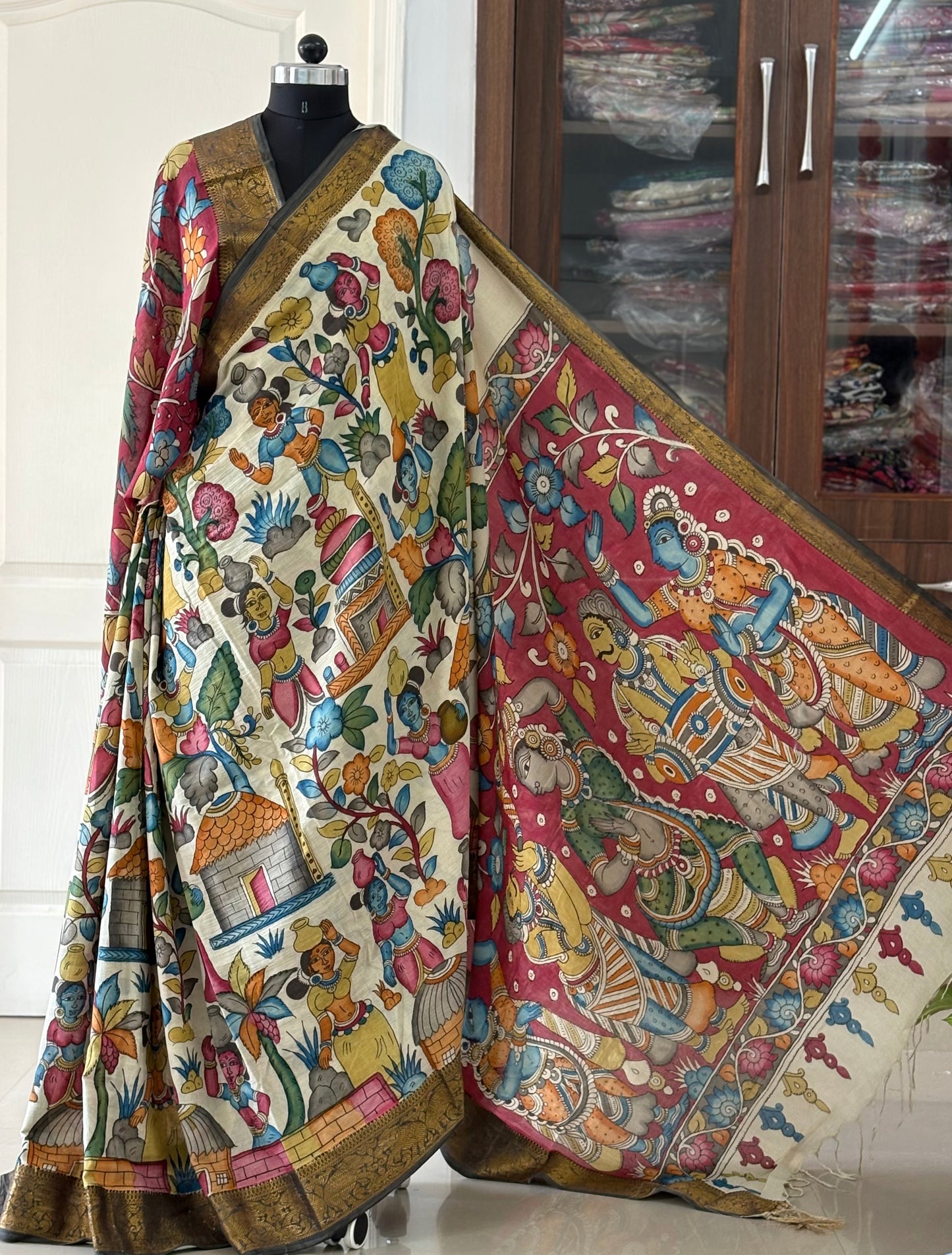 Pen Kalamkari hand painted pure cotton Saree with blouse