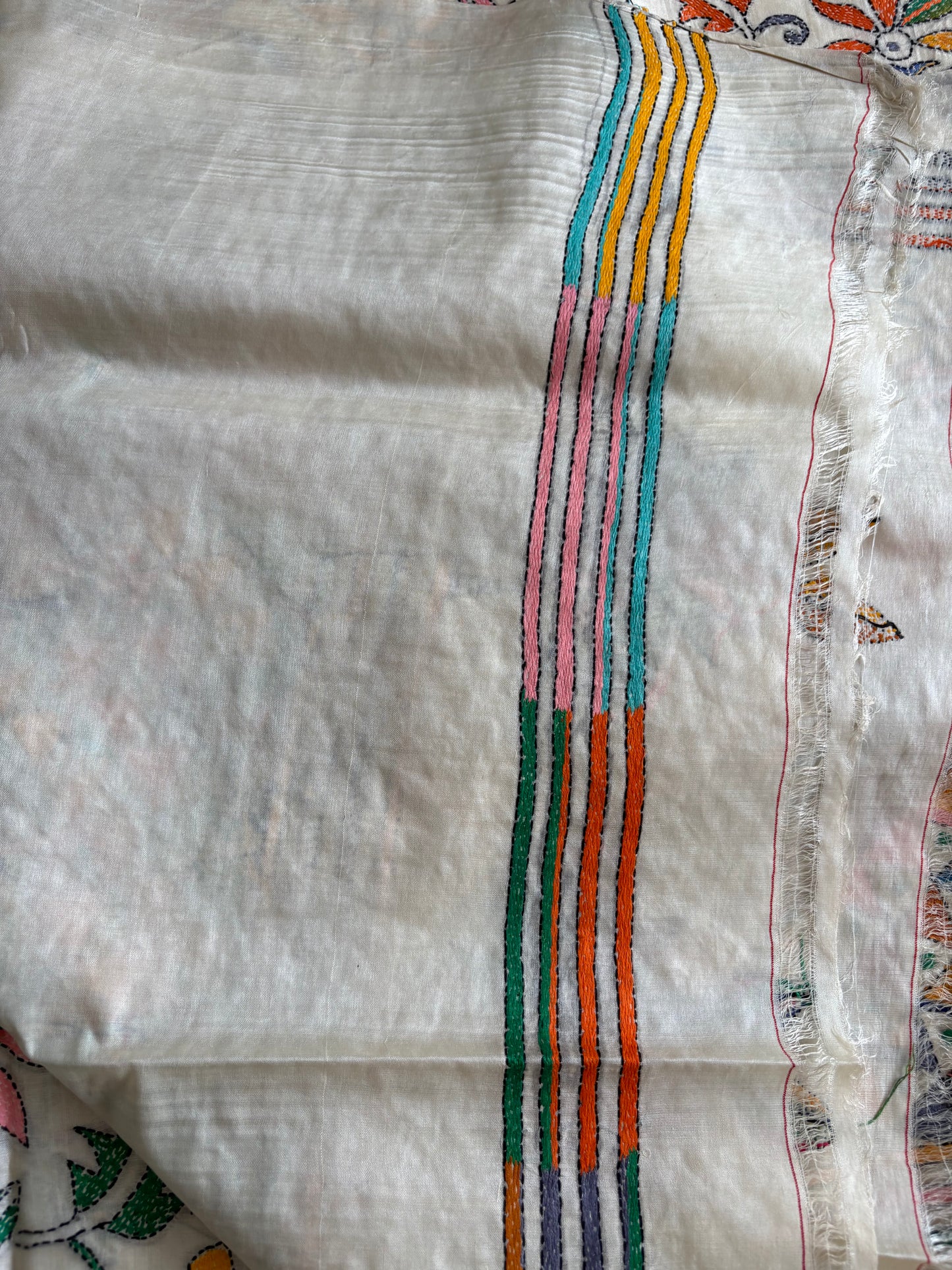 Off White Kantha Hand Embroidered Pure Tassar Silk Saree