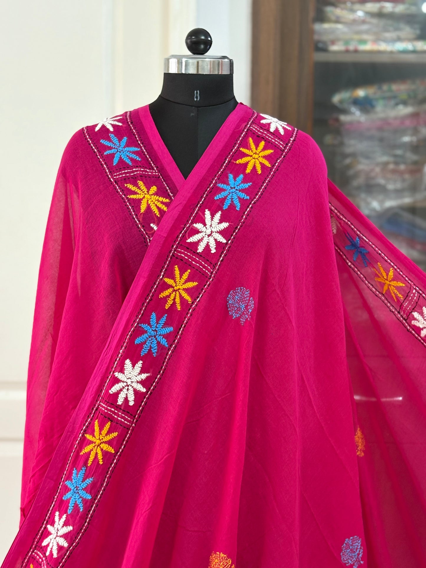 Kantha stitch Hand Embroidered Pure mul Cotton Saree