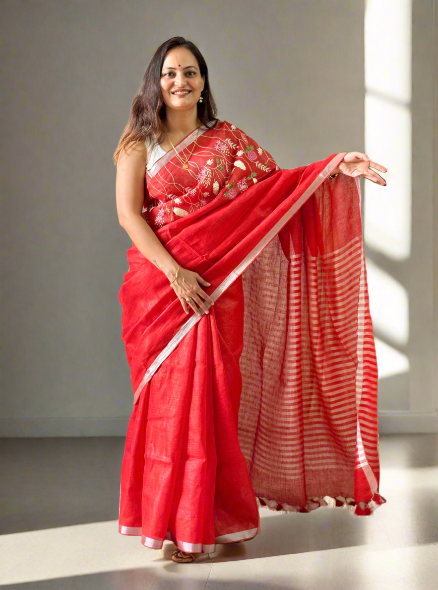 Pure Linen Saree With running Blouse - tomato Red