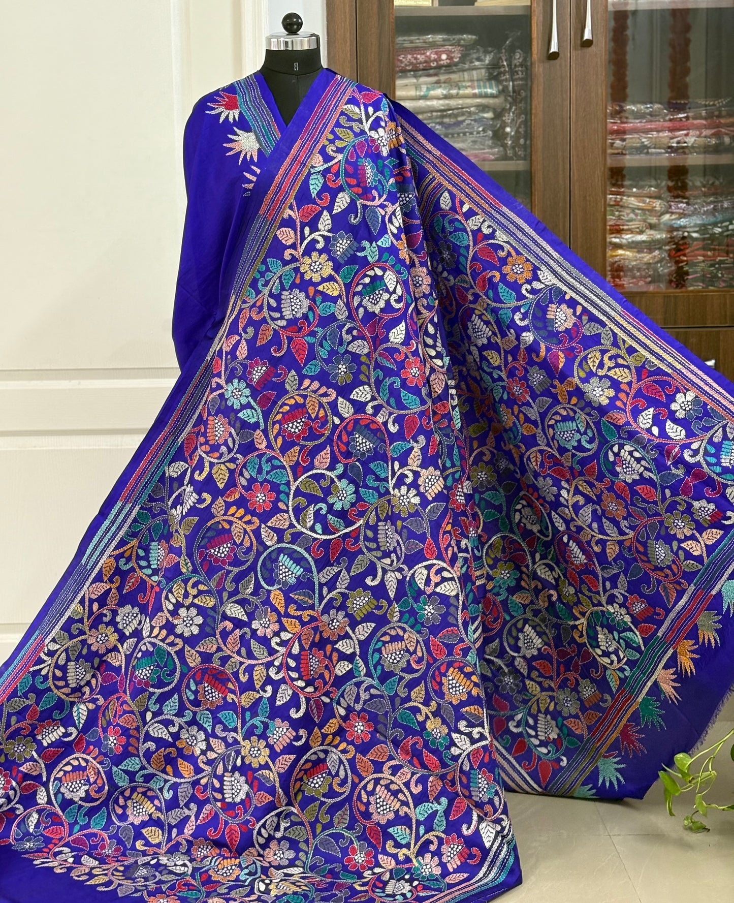 Kantha Hand Embroidered Pure Banglore Silk Saree (Silk Marked)