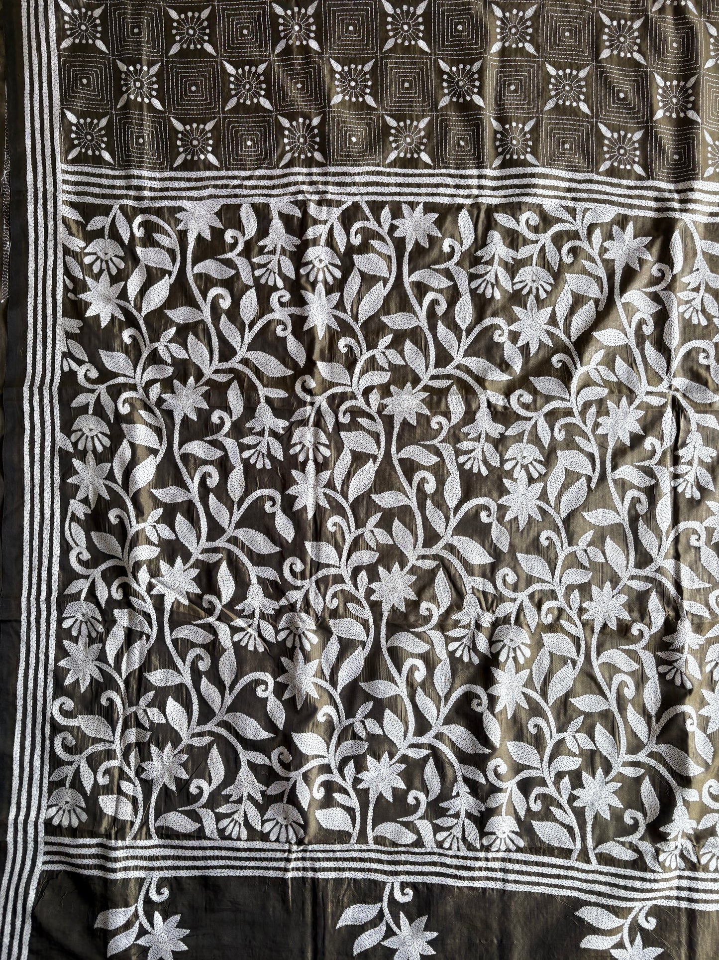 Hand embroidered Kantha stitch Saree in Art silk