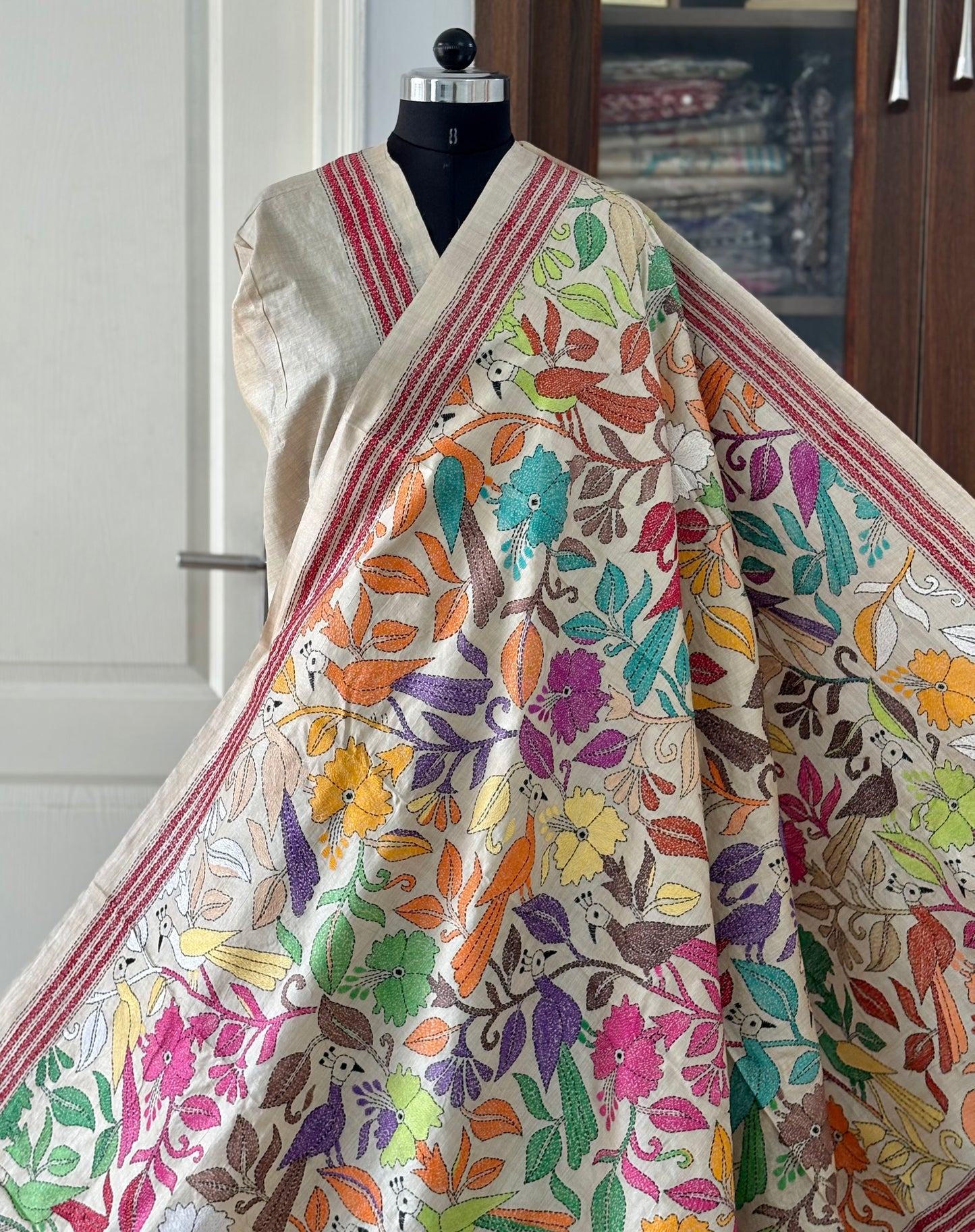 Kantha Hand Embroidered Pure Gachi Tassar Silk Saree - Silk Marked