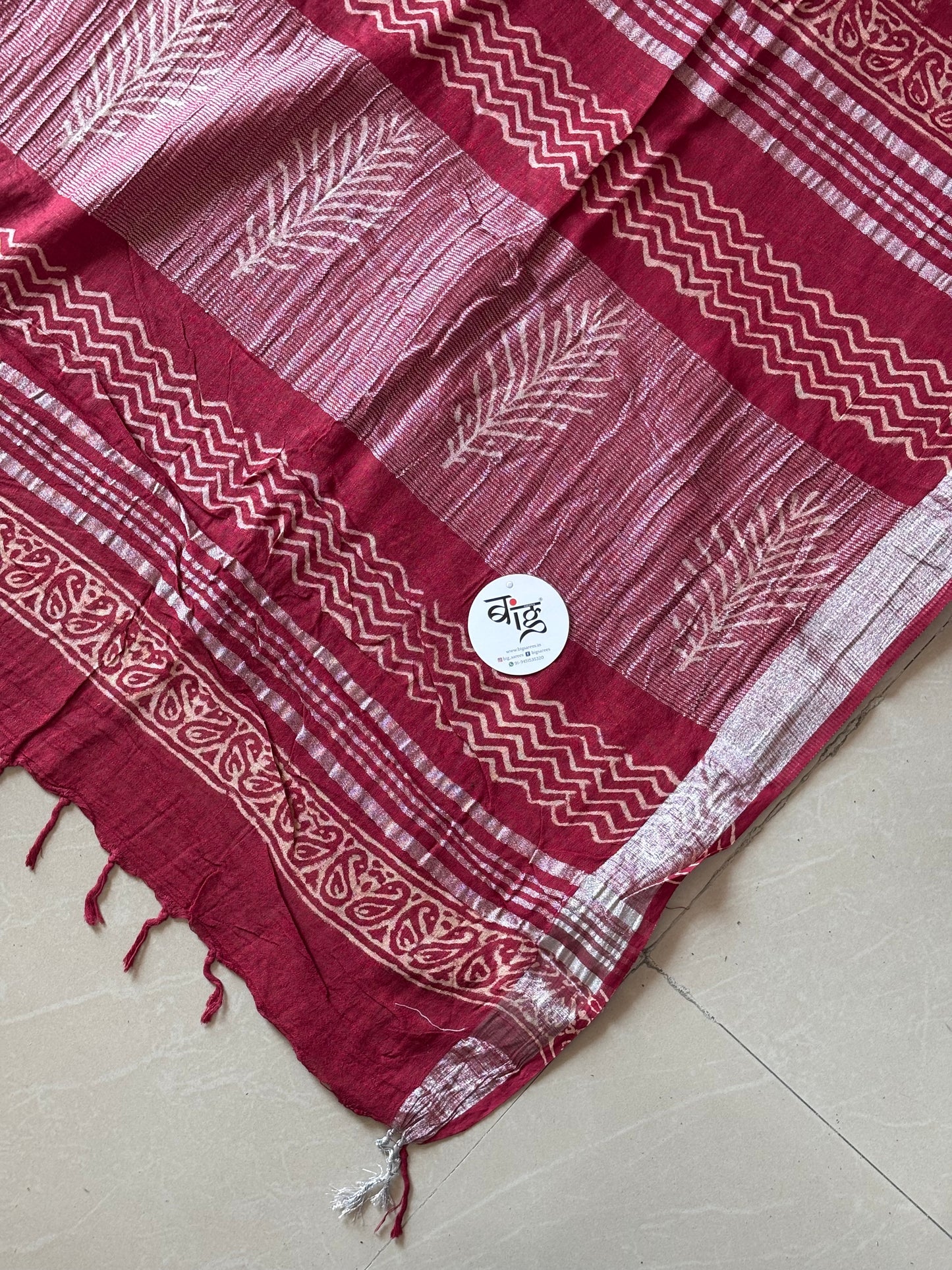 Block printed Cotton Linen Saree With unstitched Blouse