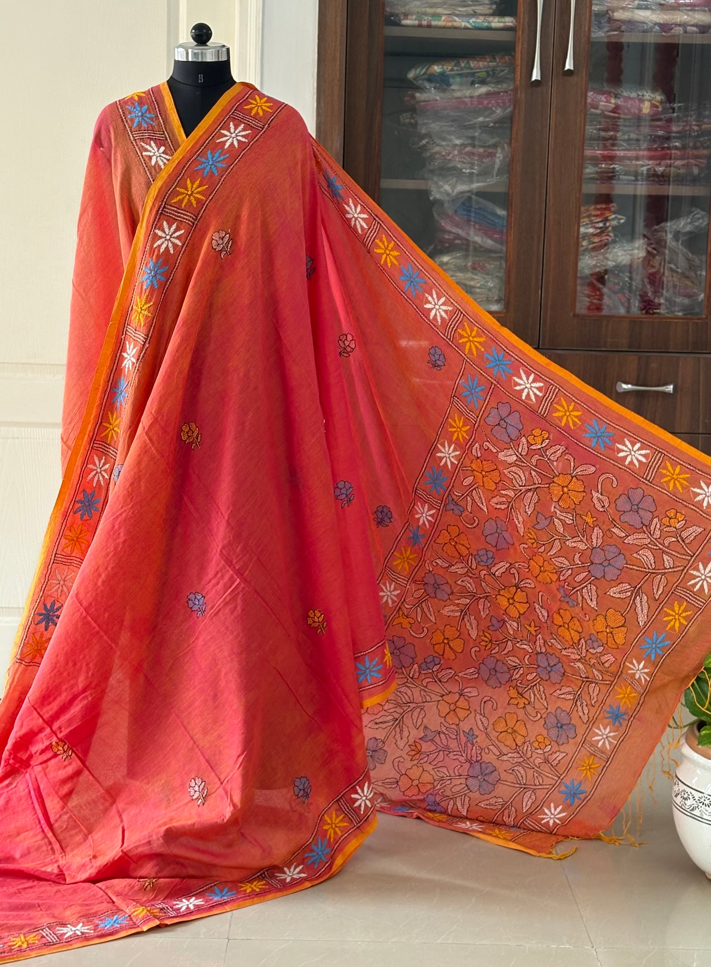 Kantha stitch Hand Embroidered Pure mul Cotton Saree