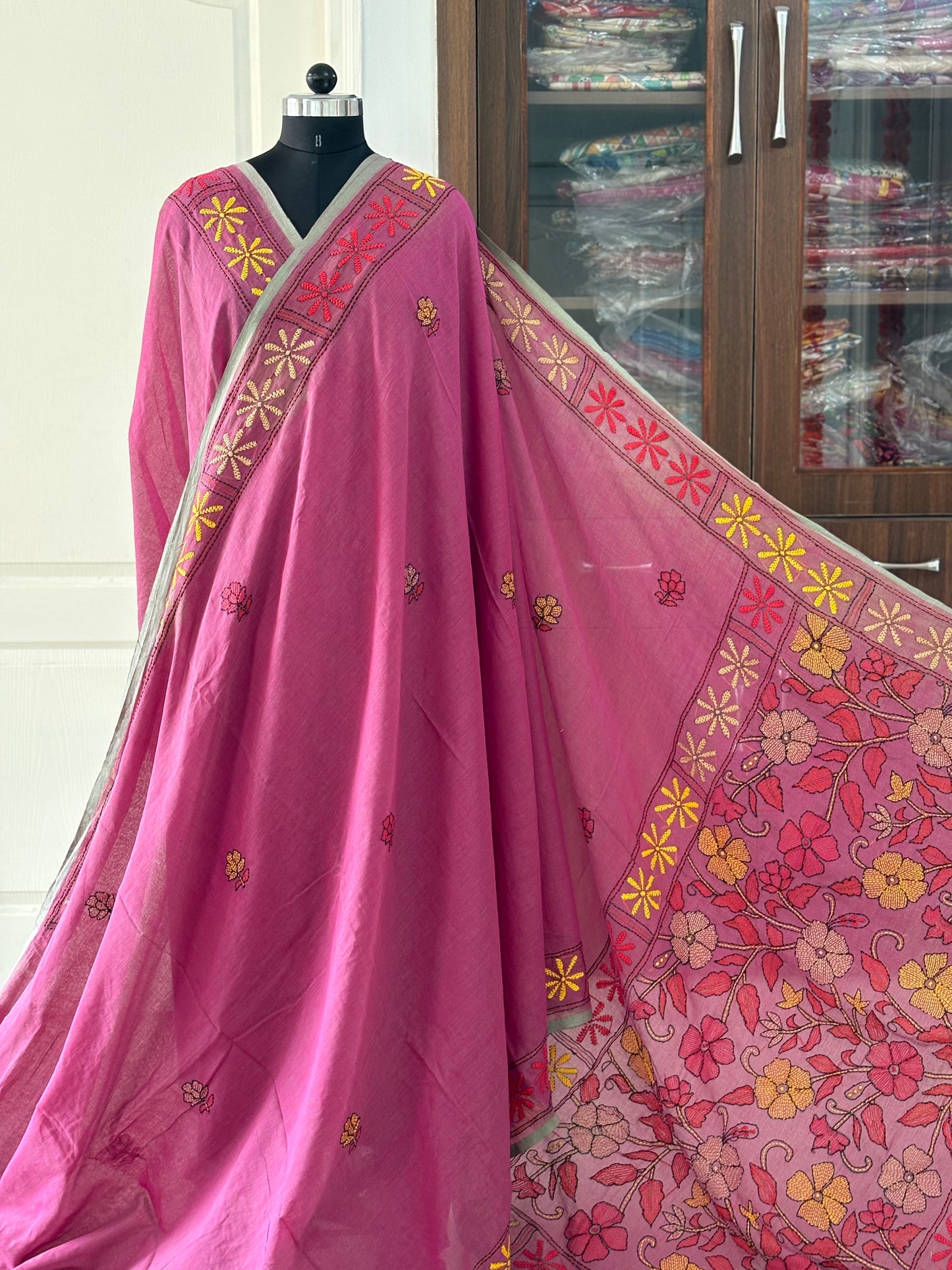 Kantha stitch Hand Embroidered Pure mul Cotton Saree