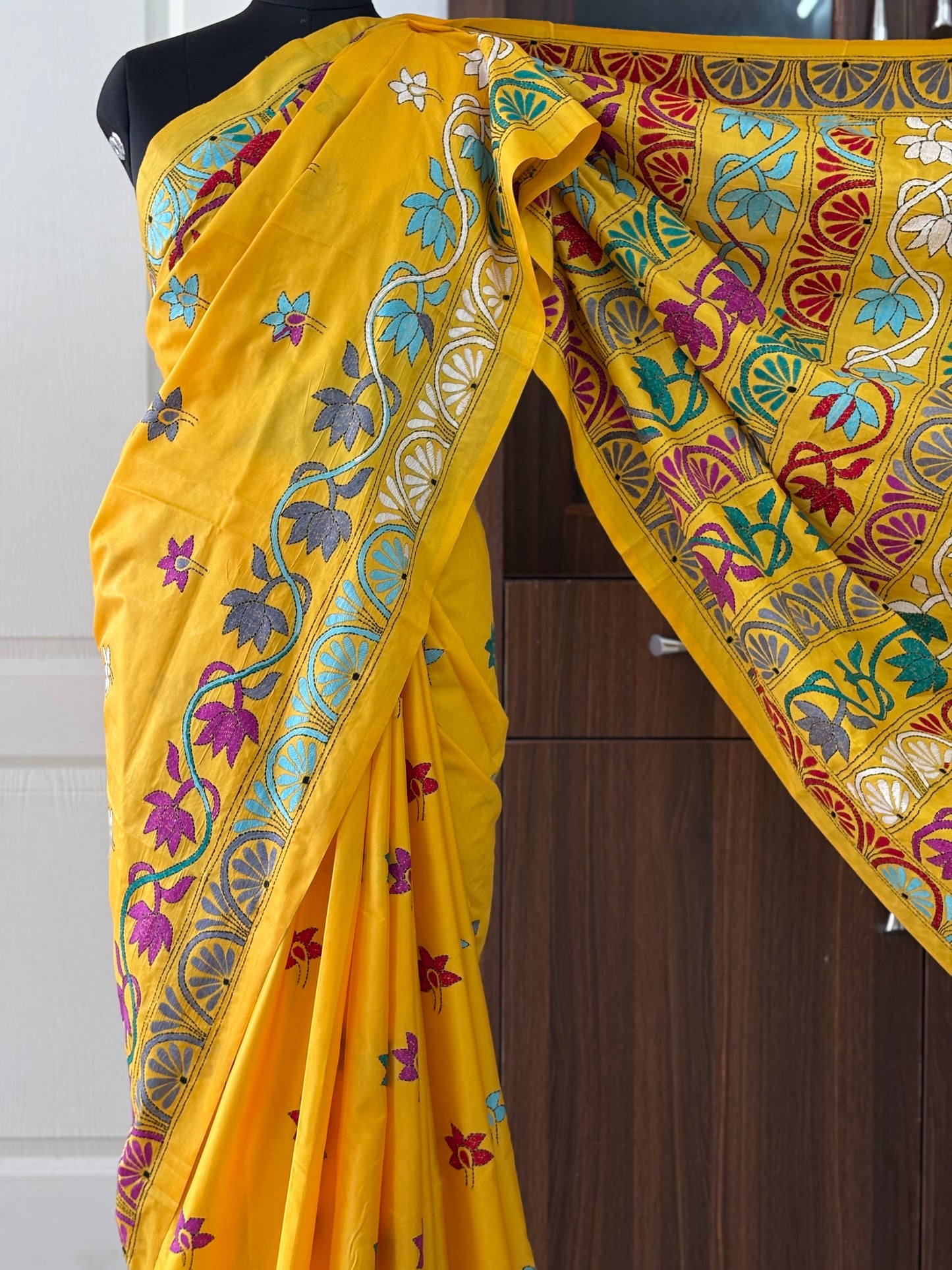 Kantha Hand Embroidered Blended Banglore Silk/Art Silk Saree With Blouse