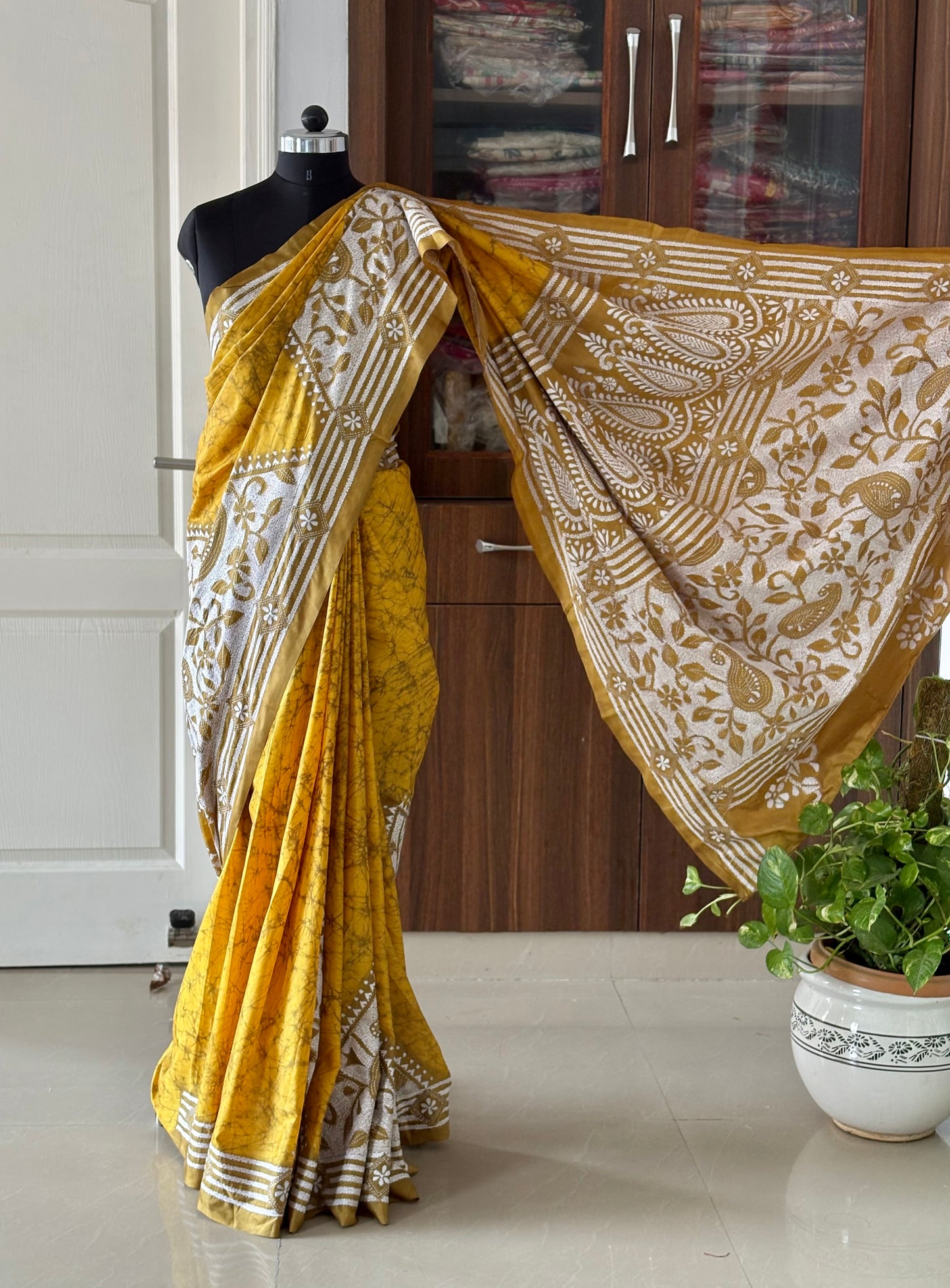 Kantha Hand Embroidered Hand Batik Art Silk Saree With Blouse