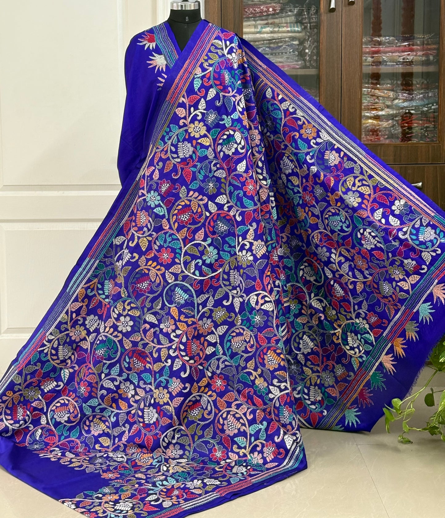 Kantha Hand Embroidered Pure Banglore Silk Saree (Silk Marked)