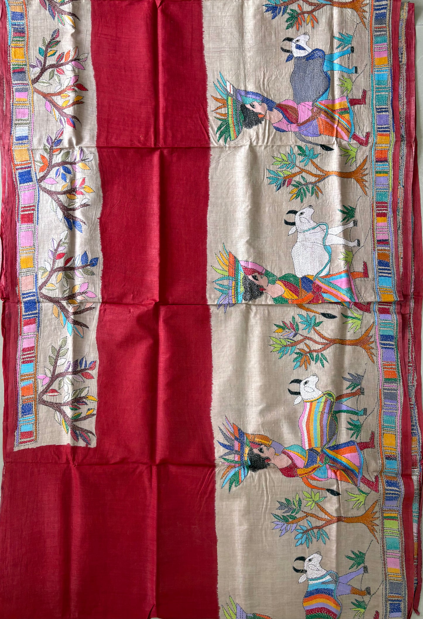 Kantha Stitch Hand Embroidered Pure Gachi by Gachi Tassar Silk Saree (Silk Marked)