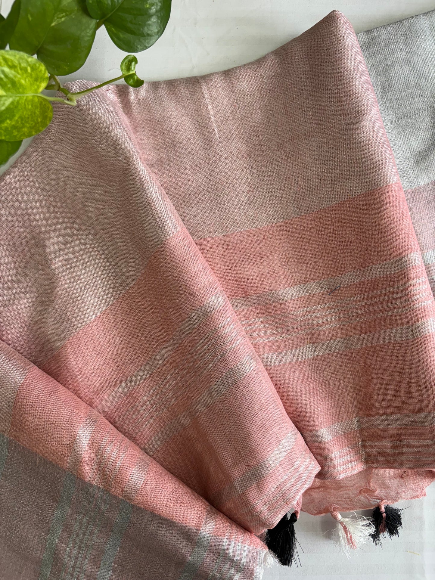 Peach silver pure Linen By Linen Saree With running Blouse