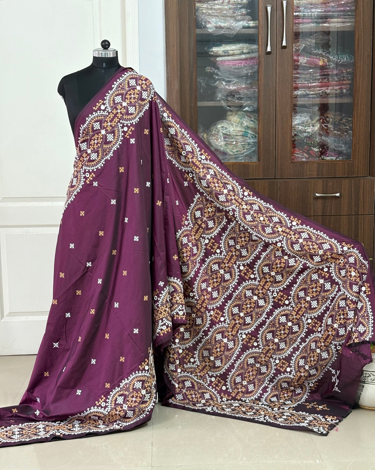 Mirror work Gujrati Stitch/Kutch Hand Embroidered Art Silk Saree