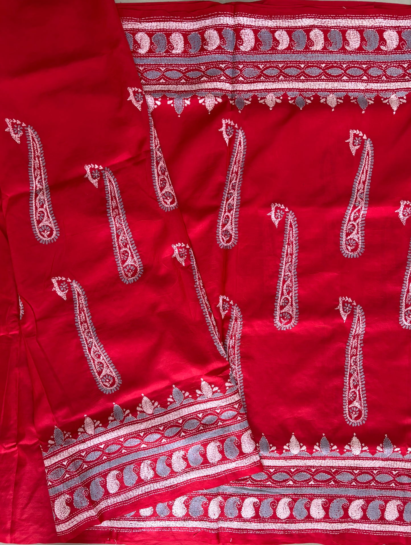 Red Kantha Stitch Hand Embroidered Pure Banglore Silk Saree (Silk Marked)