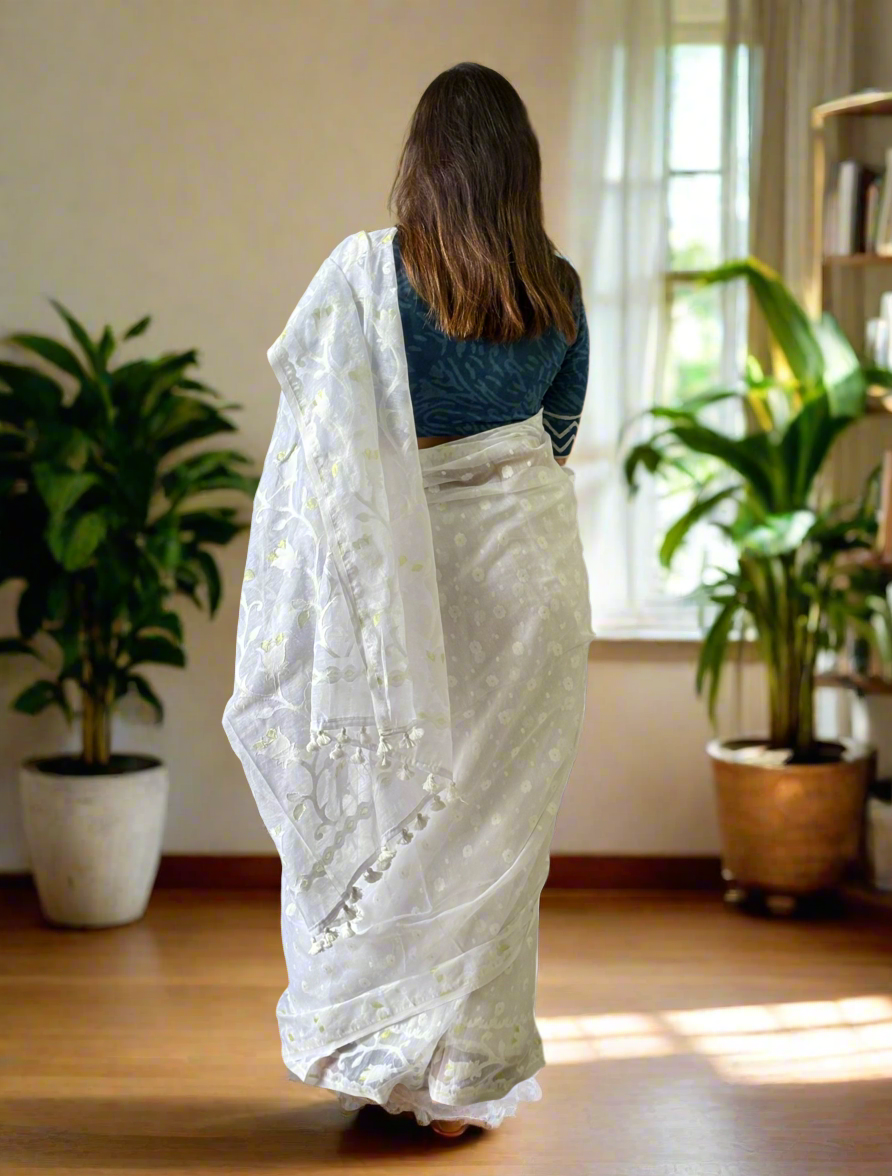 Soft Dhakai/Jamdani Saree – white