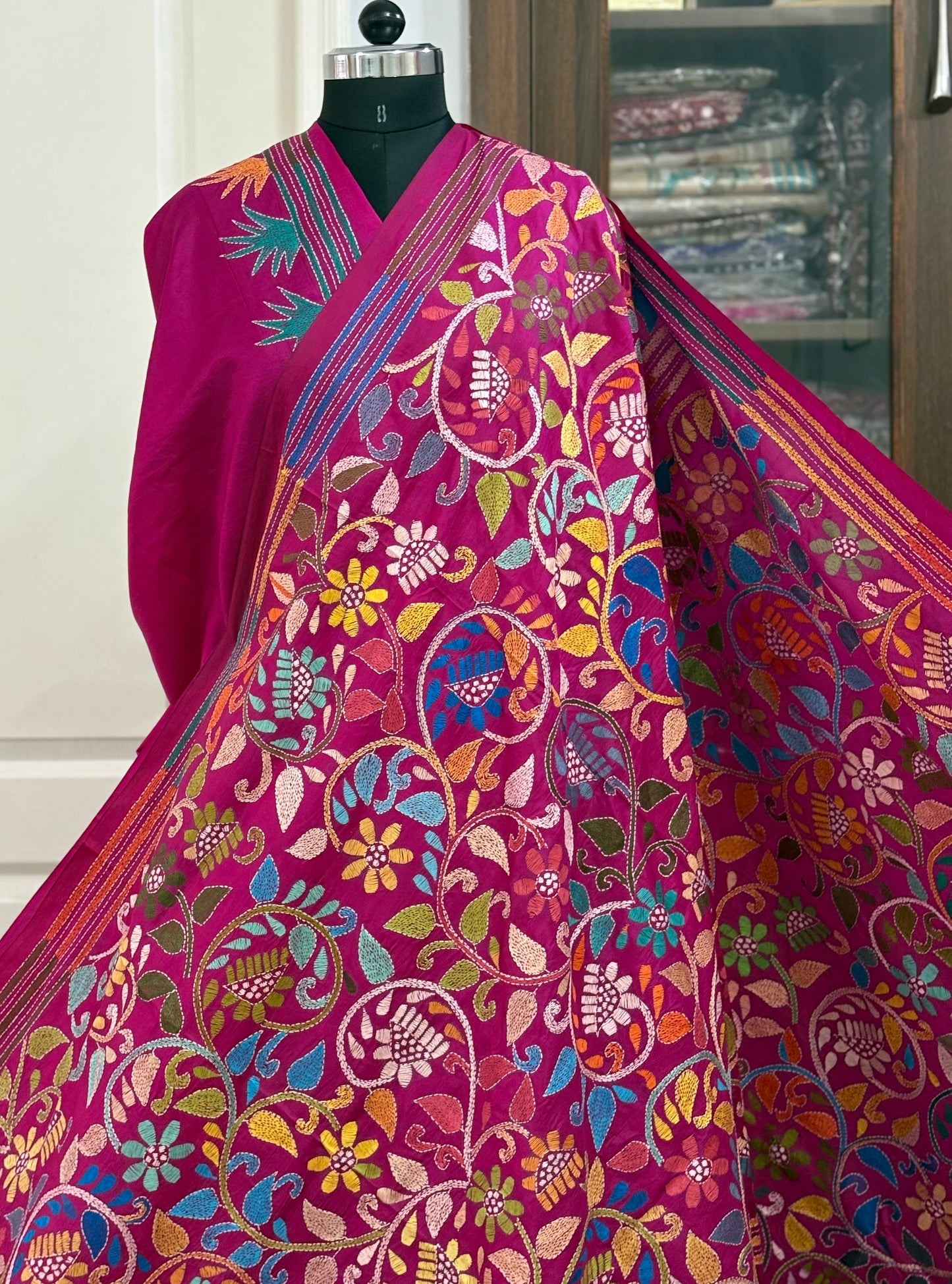 Kantha Stitch Hand Embroidered Pure Banglore Silk Batik Saree (Silk Marked)