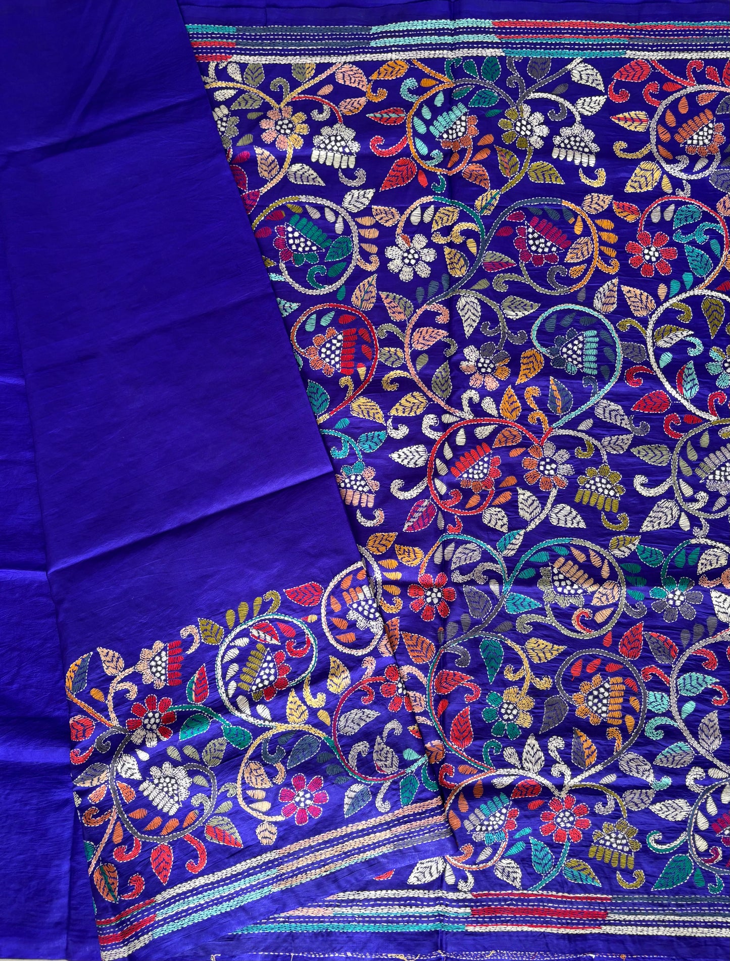 Kantha Hand Embroidered Pure Banglore Silk Saree (Silk Marked)