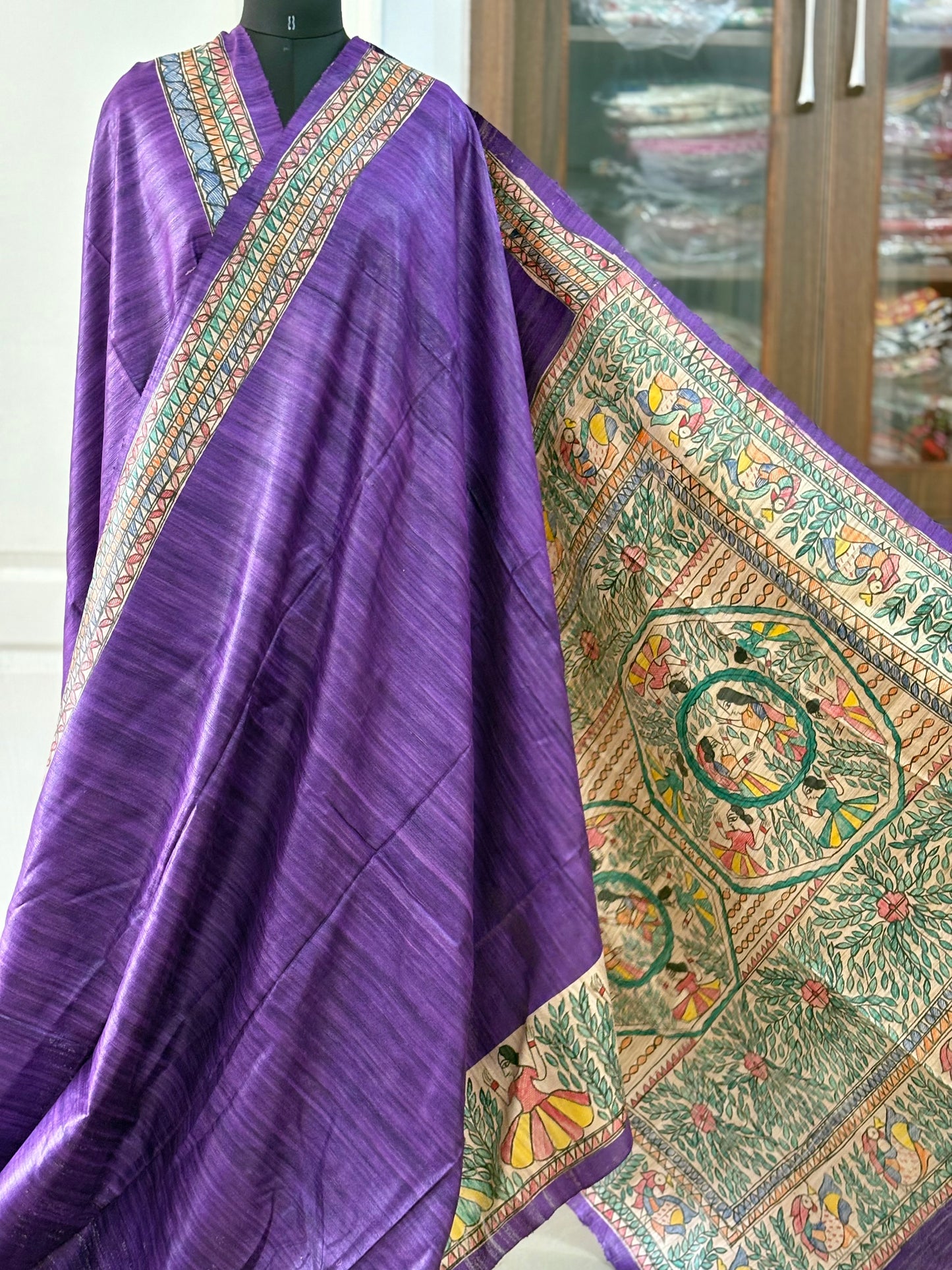 Pure Tussar Ghicha Silk Handcrafted Madhubani Saree (Silk Marked)