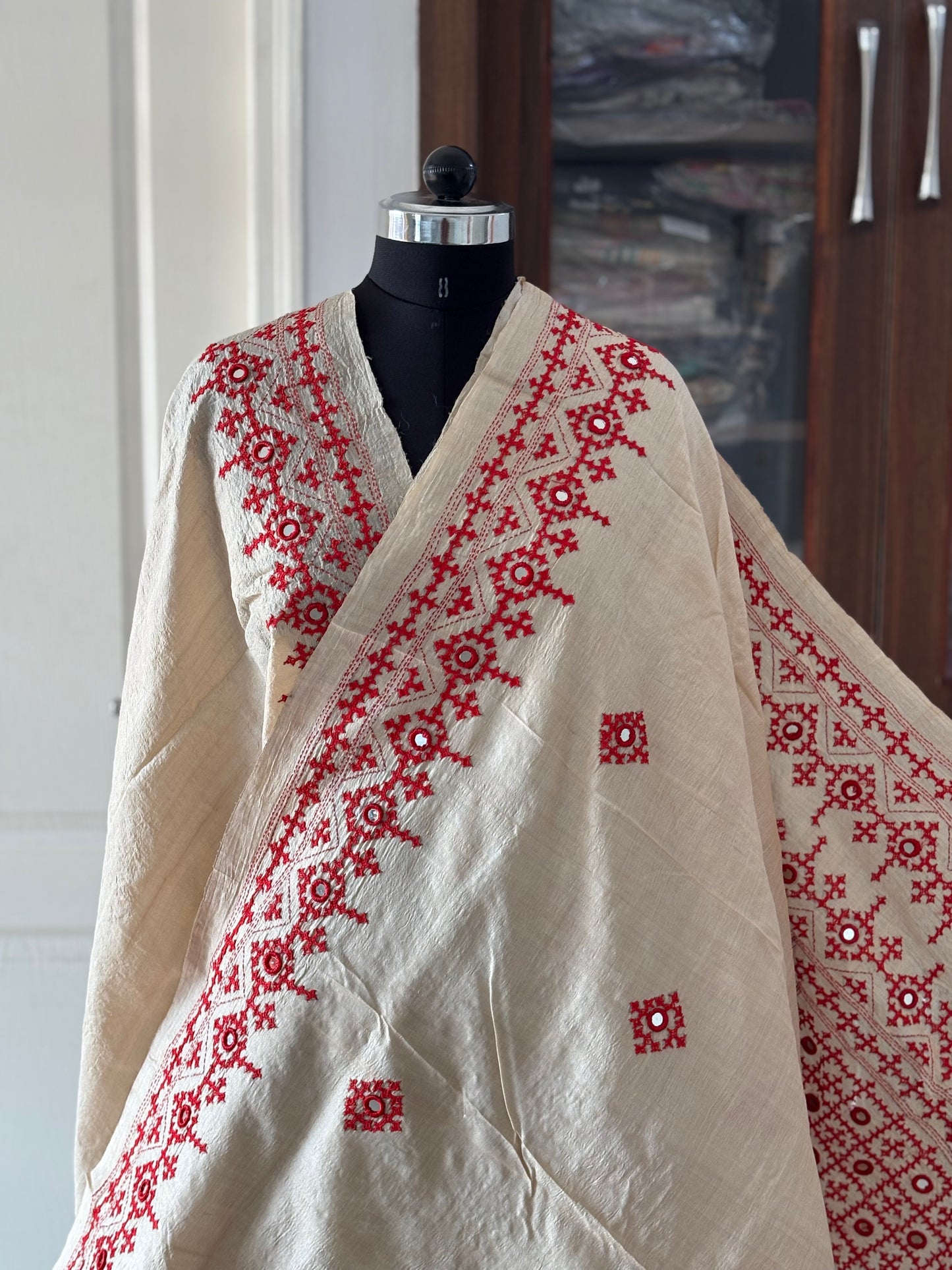 Kutch Hand Embroidered Pure Gachi Tassar Silk Saree with real mirror work