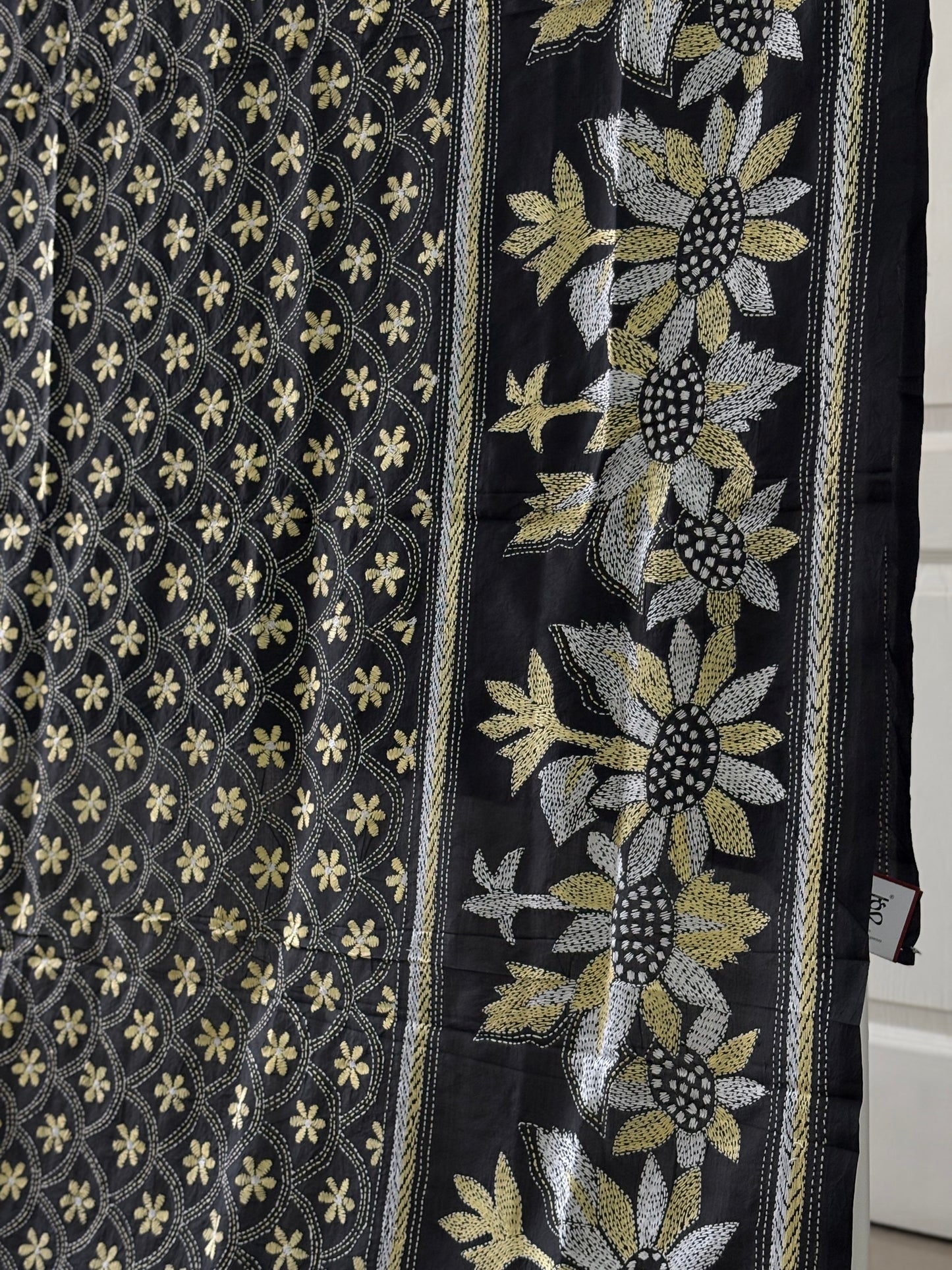 Kantha Stitch Hand Embroidary Full Work Pure Banglore Silk Dupatta - Black