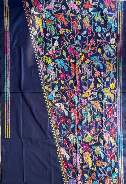 Kantha Hand Embroidered Blended Banglore Silk/Art Silk Saree With Blouse