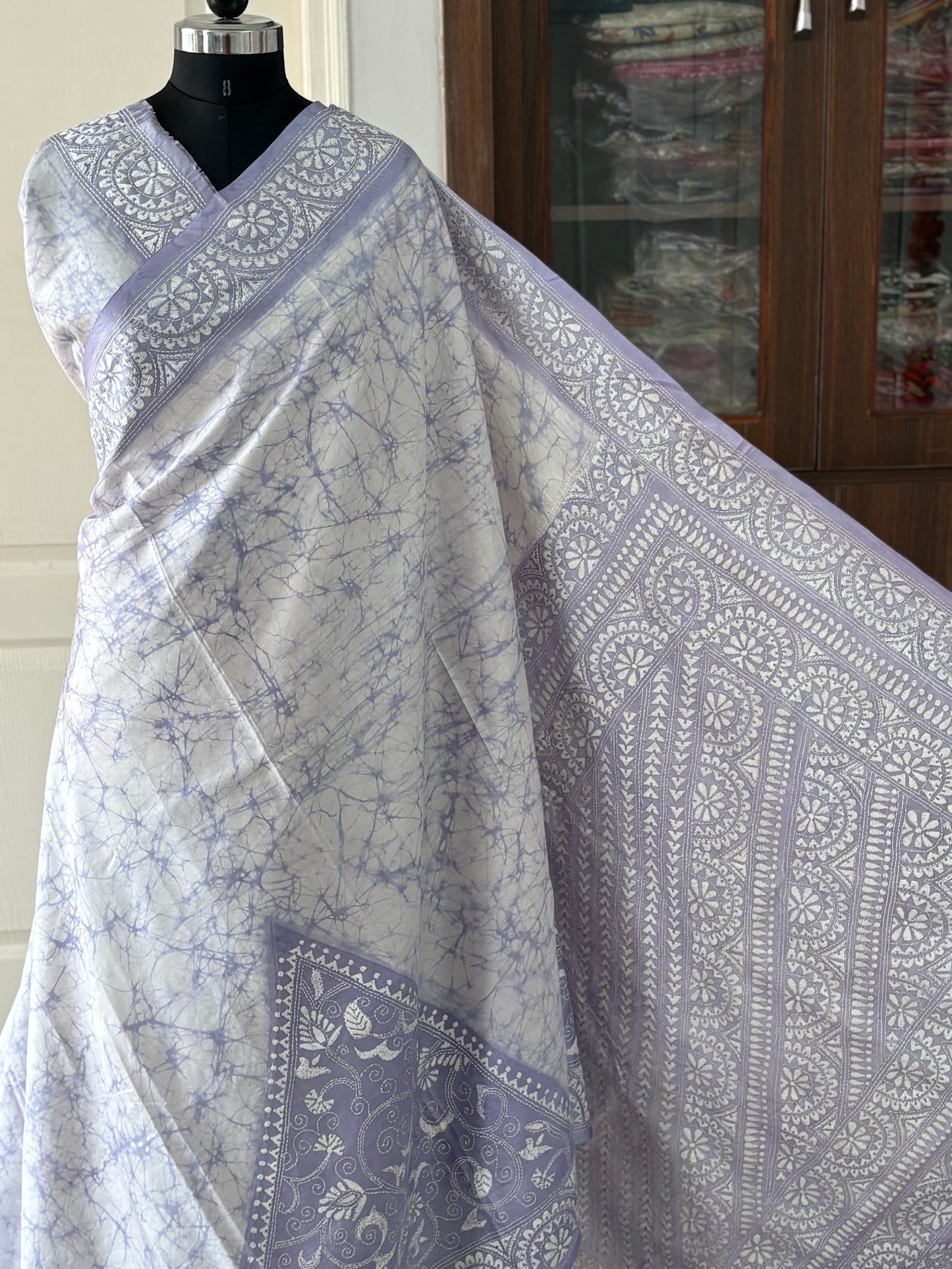 Kantha Stitch Hand Embroidered Art Silk Saree With Blouse