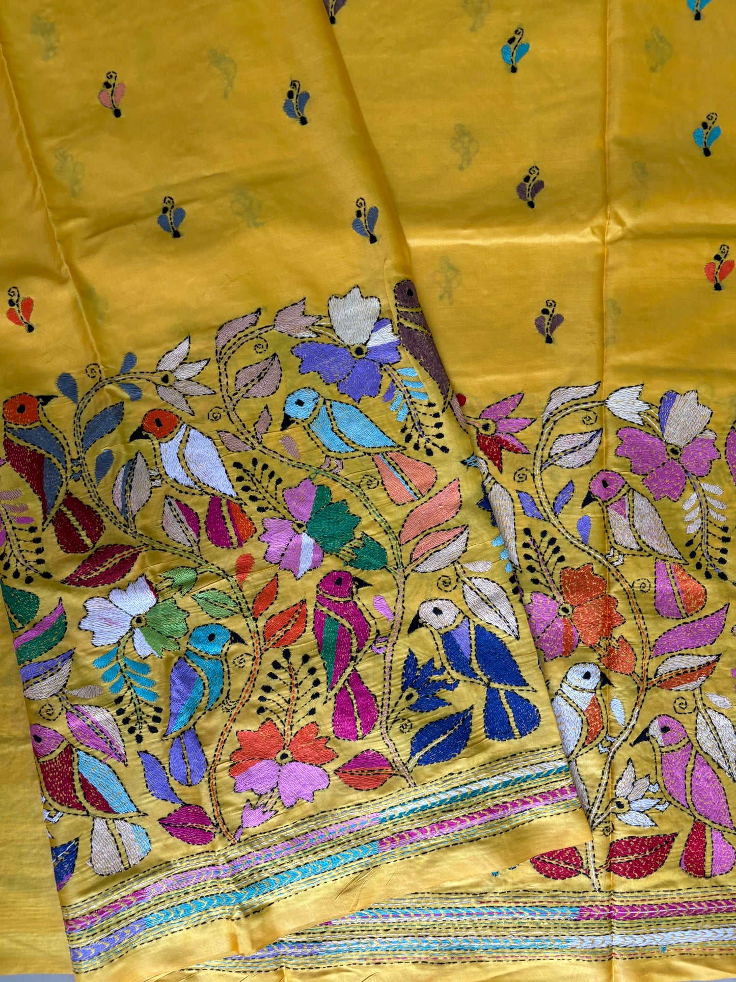 Yellow Kantha stitch Saree in blended Bangalore Silk / Art Silk
