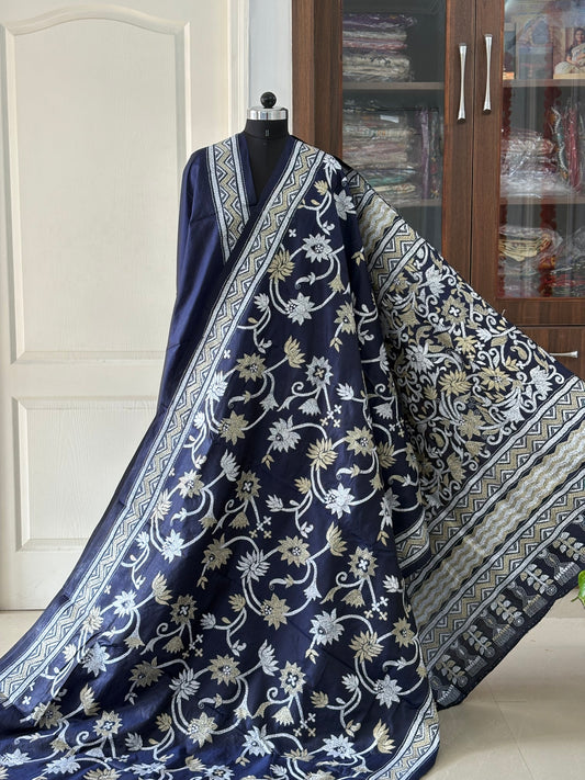 Kantha Hand Embroidered Pure Banglore Silk Saree (Silk Marked)