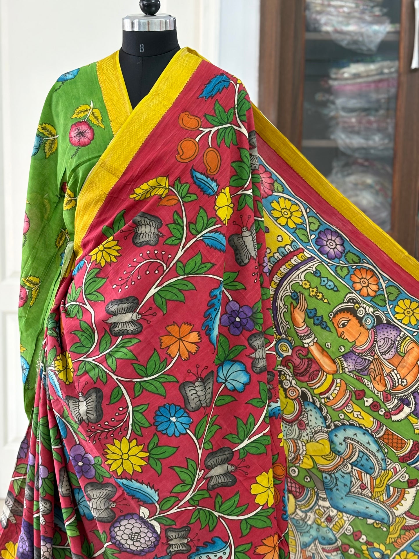 Pen Kalamkari hand painted pure cotton Saree with blouse