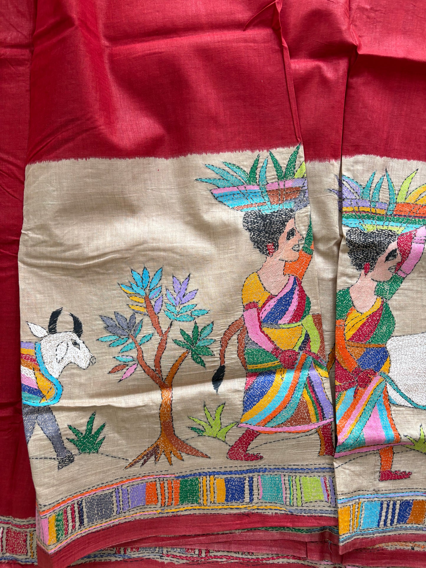 Kantha Stitch Hand Embroidered Pure Gachi by Gachi Tassar Silk Saree (Silk Marked)
