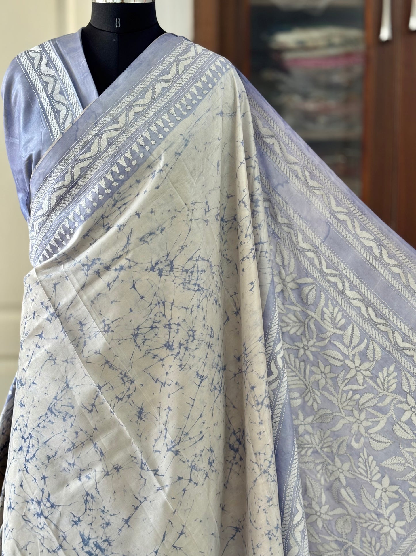 Kantha Stitch Hand Work Embroidered Art Silk Saree With Blouse