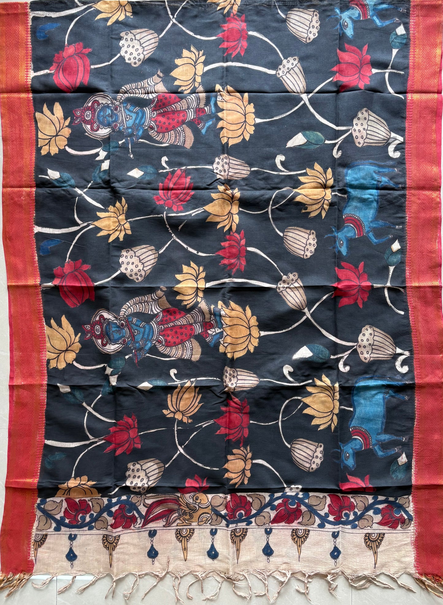 Pen Kalamkari hand painted Banglore Silk Dupatta