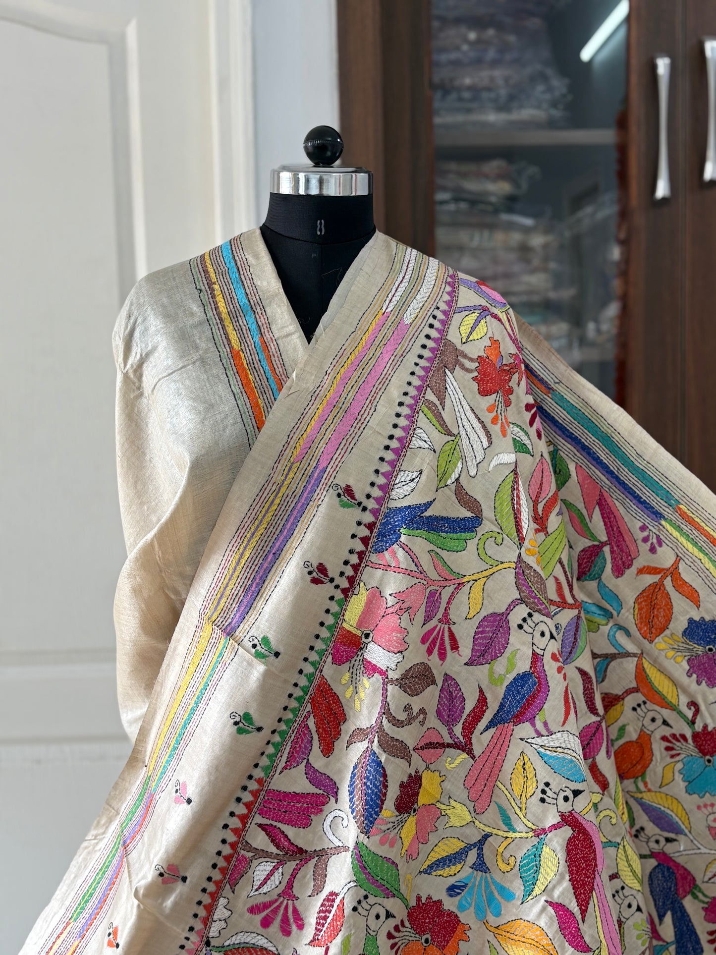 Kantha Stitch Hand Embroidered Pure Gachi Tussar Silk Saree (Silk Marked)