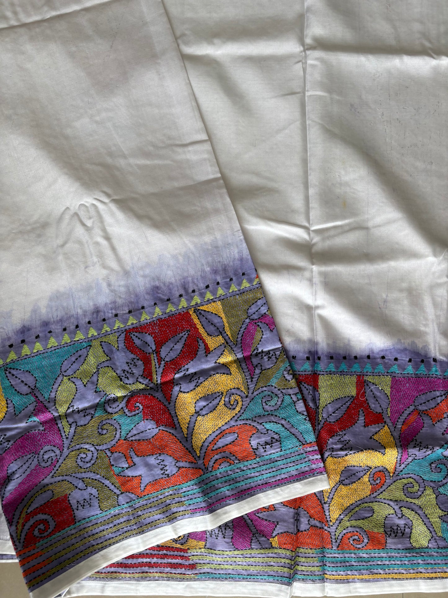 Hand work Kantha stitch Saree in Artificial silk