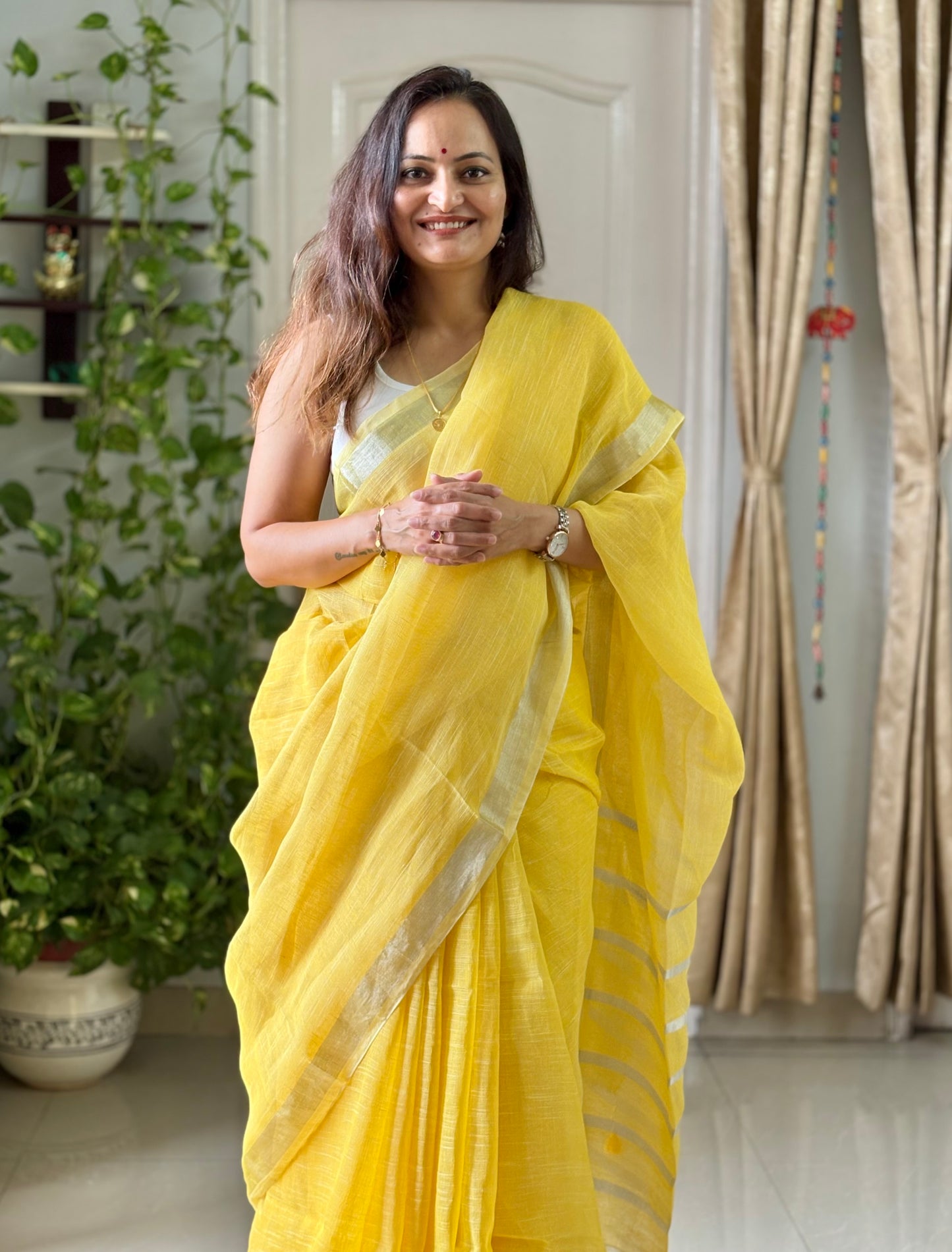 Linen By Linen Saree With Blouse - yellow