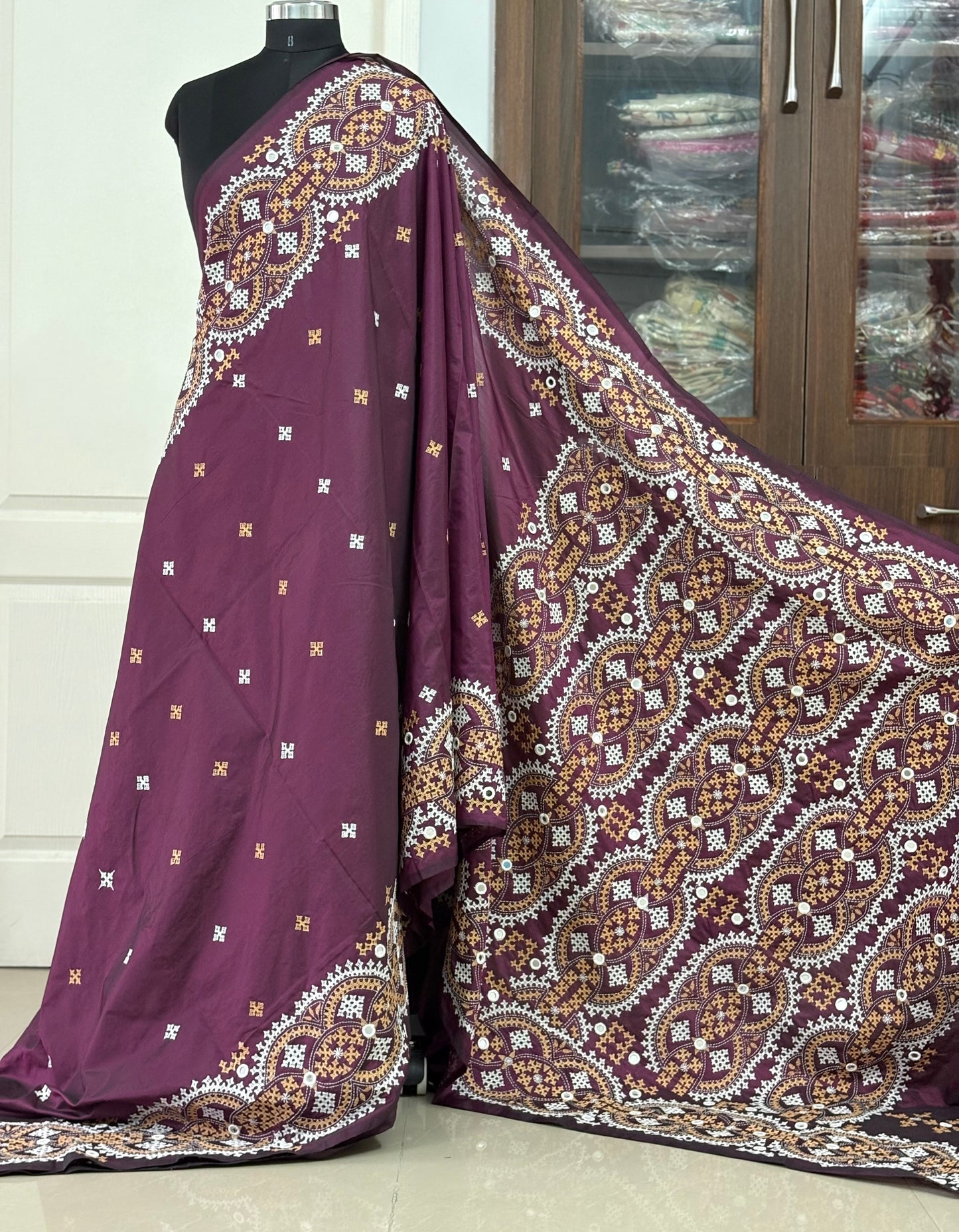 Mirror work Gujrati Stitch/Kutch Hand Embroidered Art Silk Saree