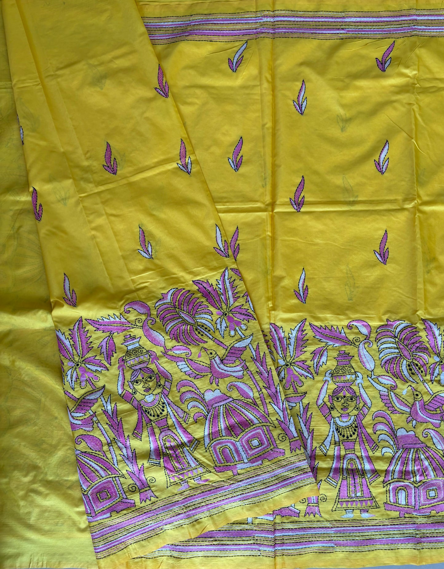 Kantha Stitch Hand Work Embroidered Art Silk Saree With Blouse