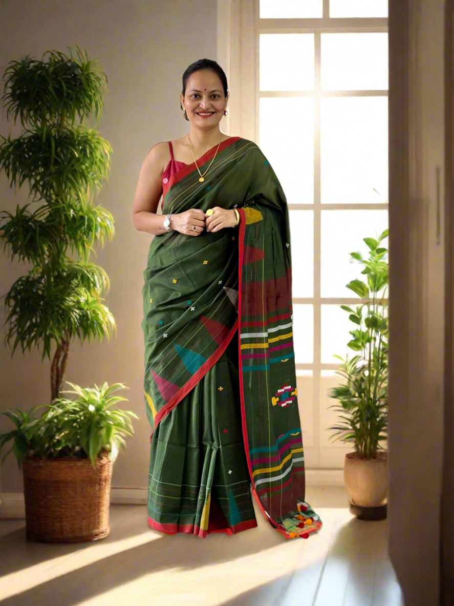 Pure Cotton handwoven Saree (Handloom Marked)- Green