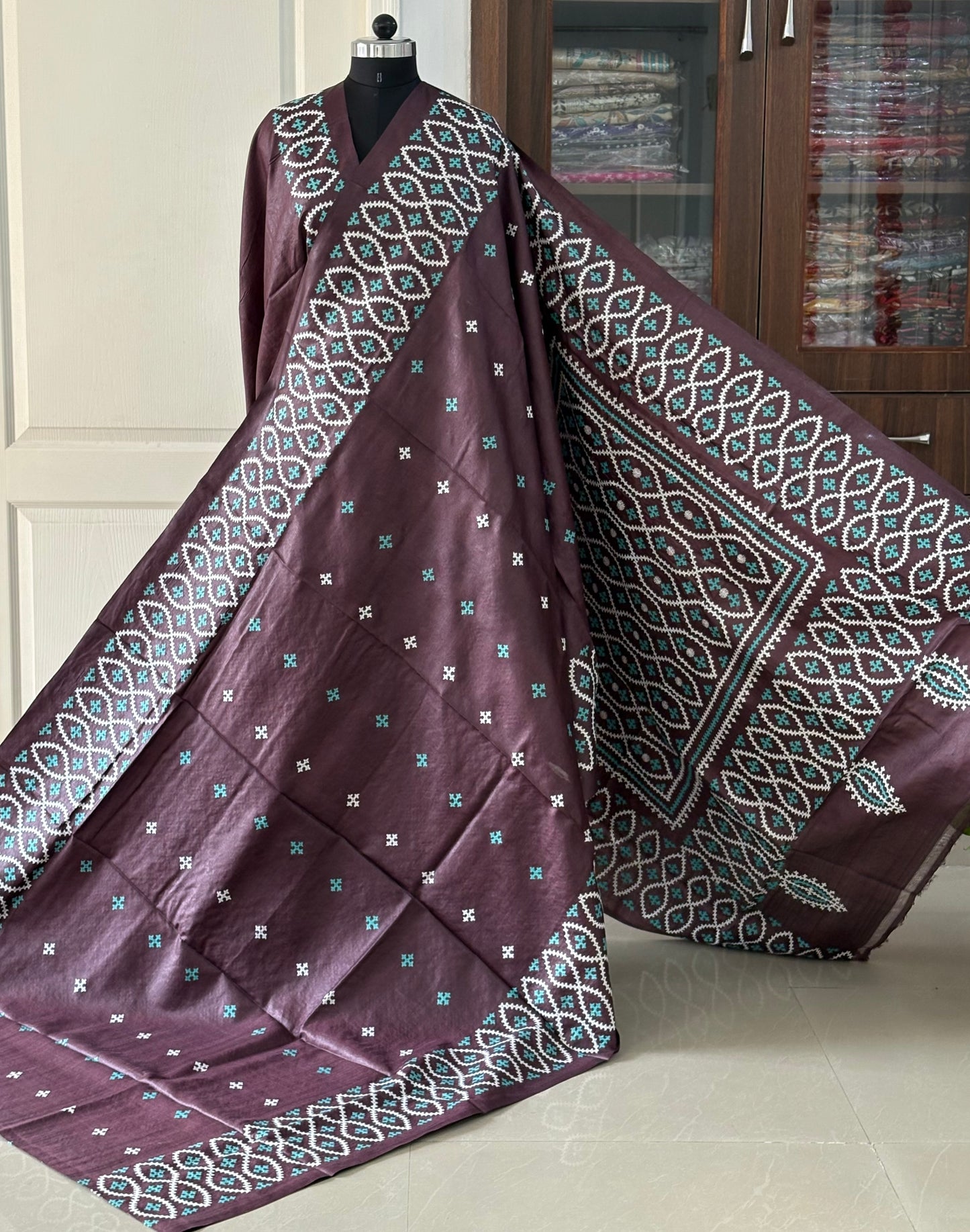 Kutch work/Gujrati stitch Hand Embroidered Pure Tassar Silk Saree