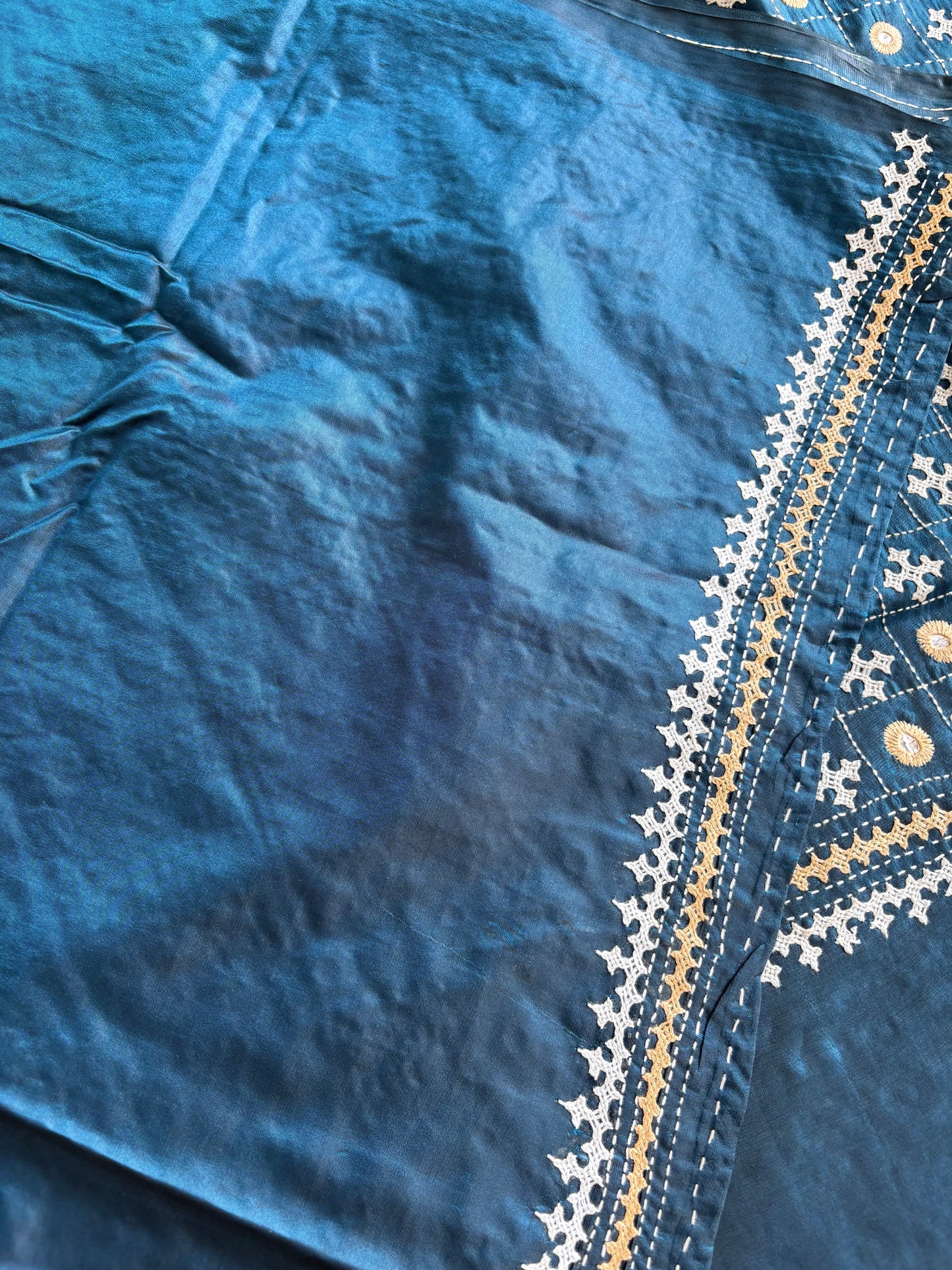 Gujrati Stitch/Kutch Hand Embroidered Art Silk Saree