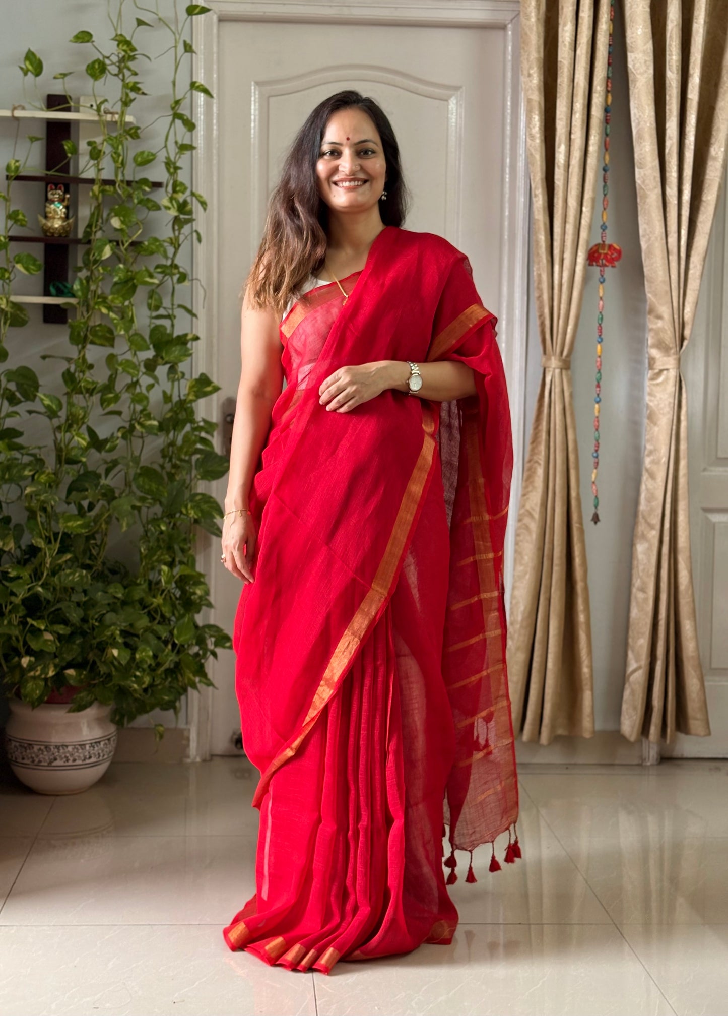 Linen By Linen Saree With Blouse - Red