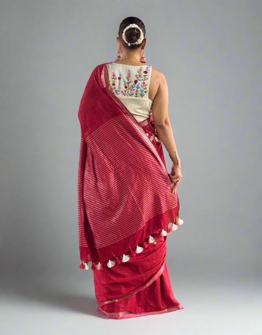 Pure Linen Saree With running Blouse - Red