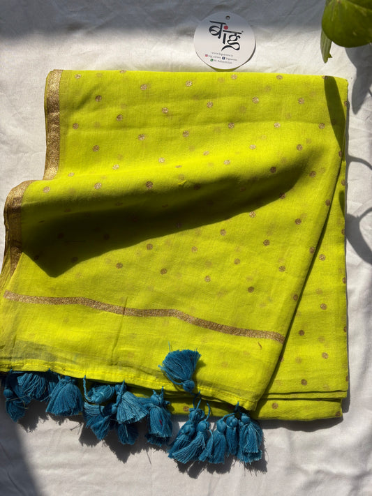 Polka Dot Saree With Blouse | Mul Cotton | Neon Green