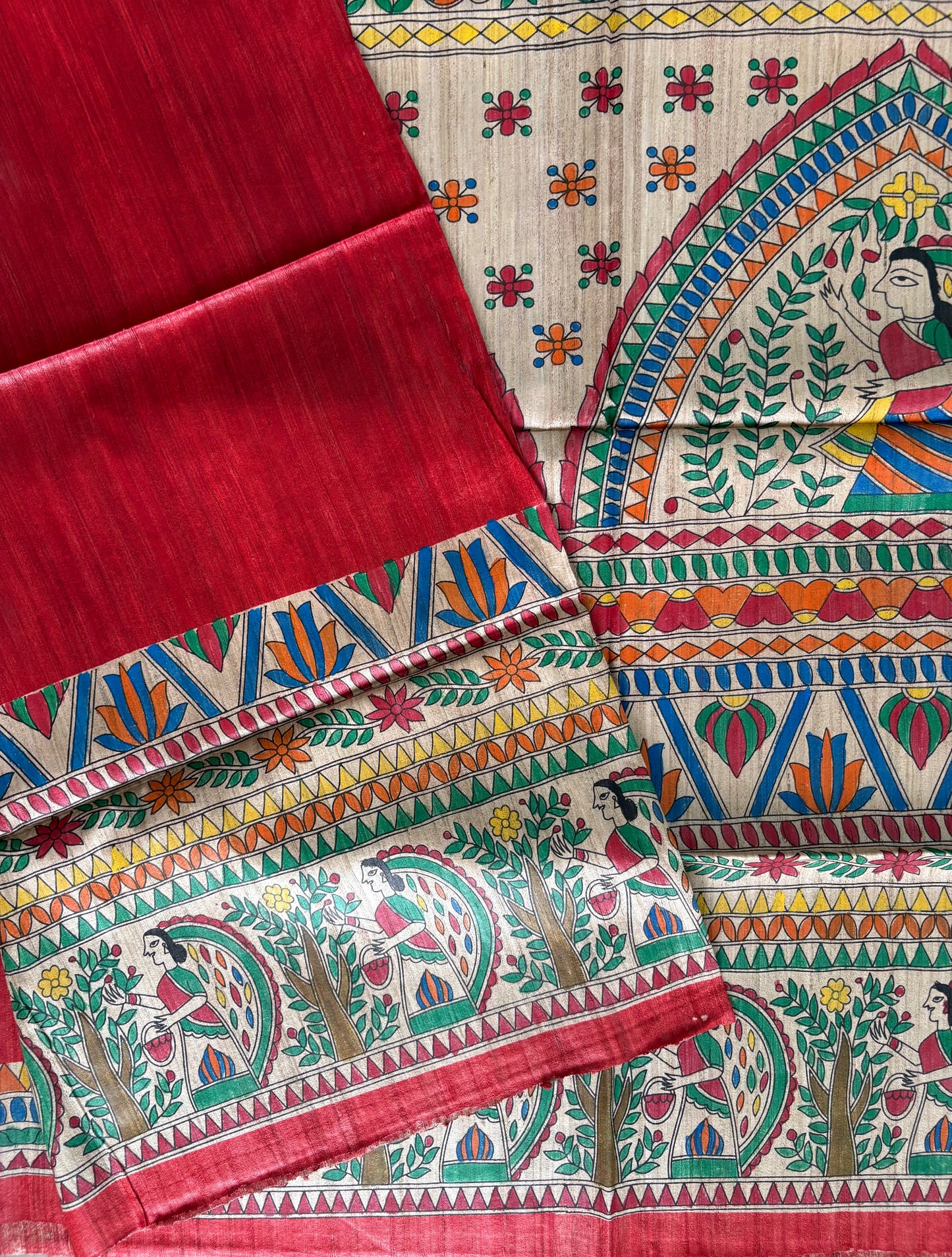 Pure Tussar Ghicha Silk Handcrafted Madhubani Half Saree (Silk Marked)