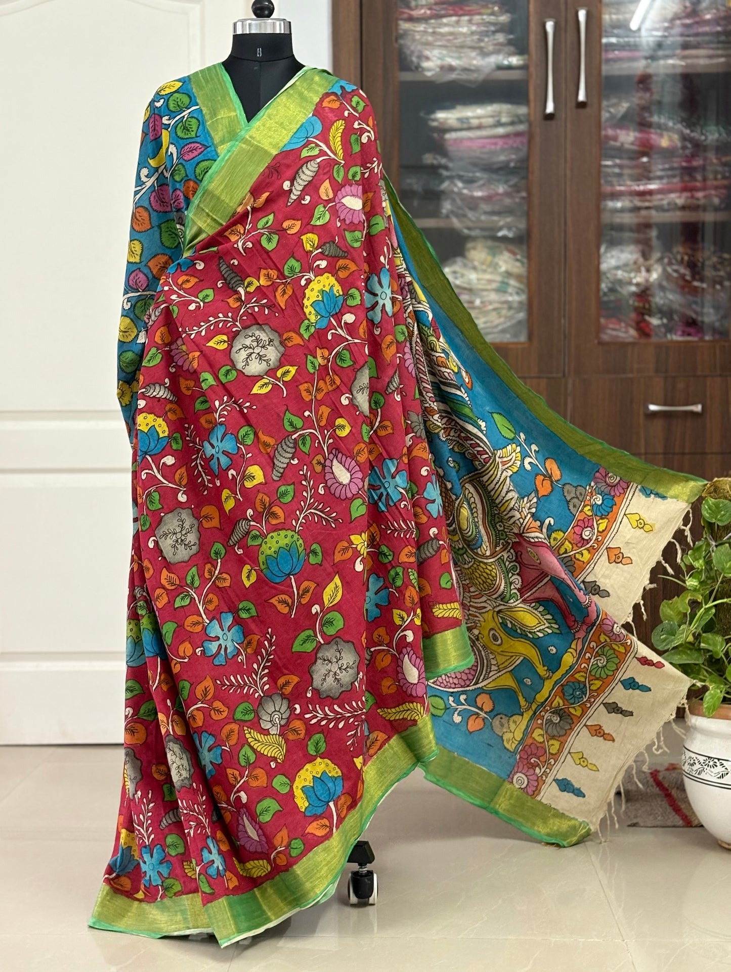 Pen Kalamkari hand painted pure cotton Saree with blouse